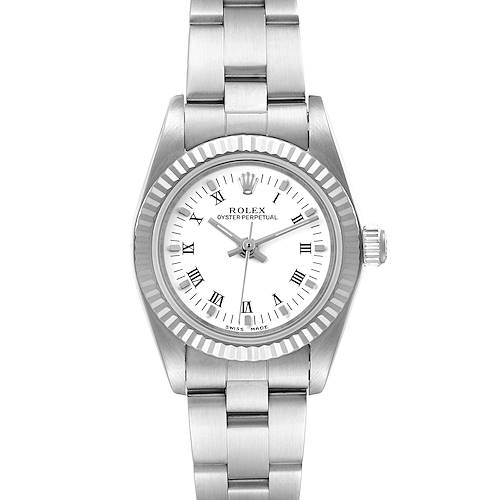 The image shows a frontal view of a Rolex Oyster Perpetual 76094 Women's Stainless Steel White Dial 76094 Women's Stainless Steel White Dial watch, displaying its face, bezel, and bracelet.