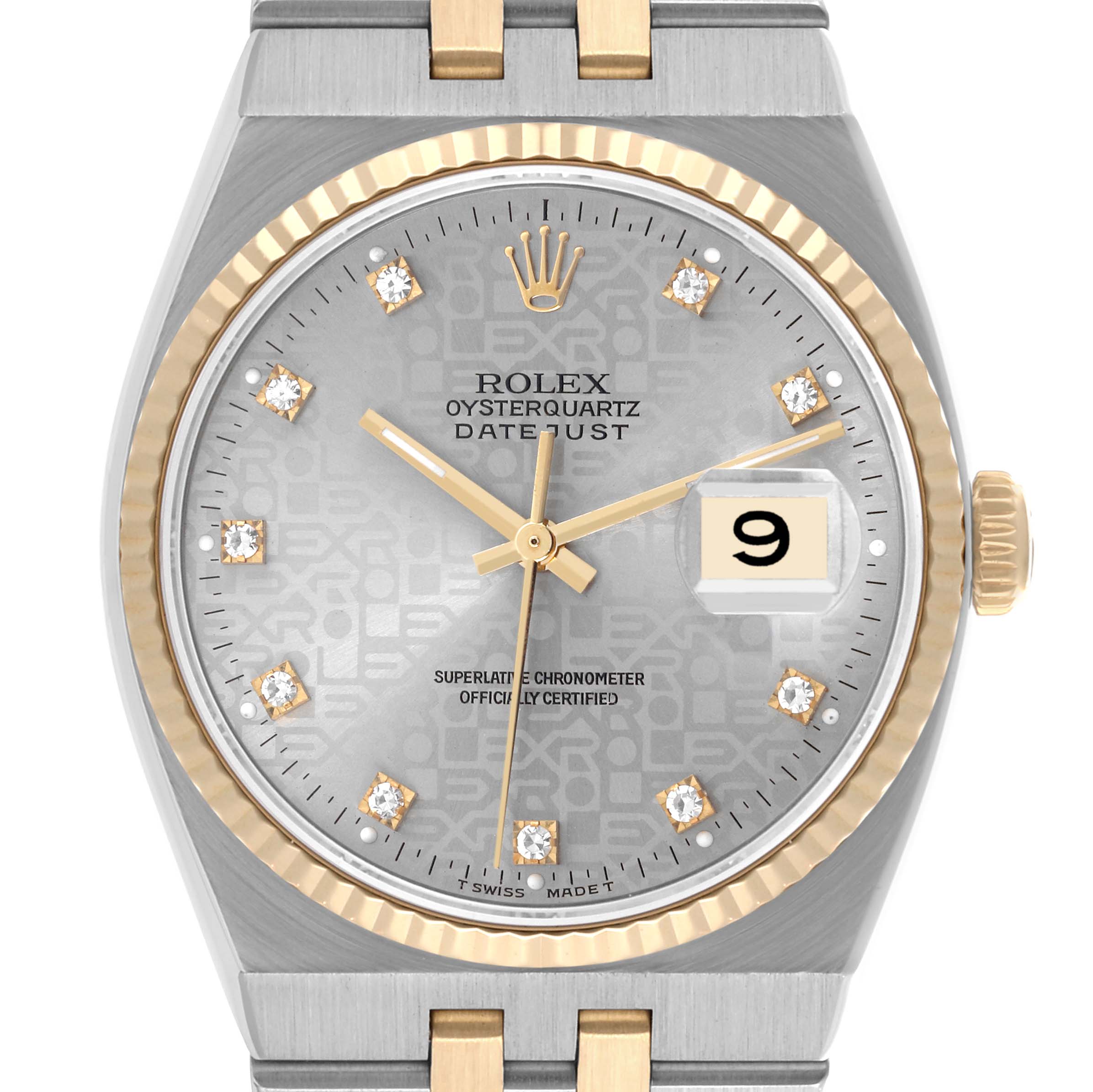 The Rolex Oysterquartz 17013 Men's Steel and Gold (two tone) Silver Dial 17013 Men's Steel and Gold (two tone) Silver Dial watch is shown from the front, highlighting the dial, bezel, and crown.