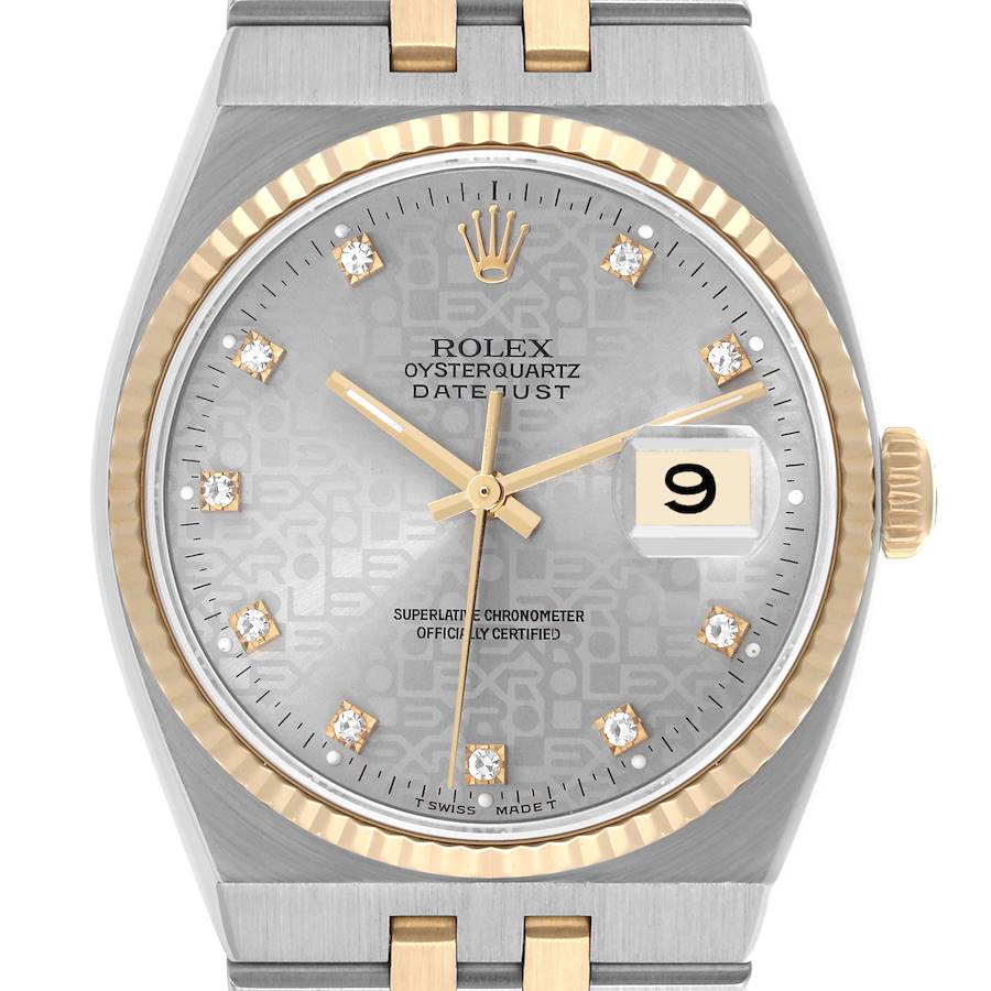 The Rolex Oysterquartz 17013 Men's Steel and Gold (two tone) Silver Dial 17013 Men's Steel and Gold (two tone) Silver Dial watch is shown from the front, highlighting the dial, bezel, and crown.