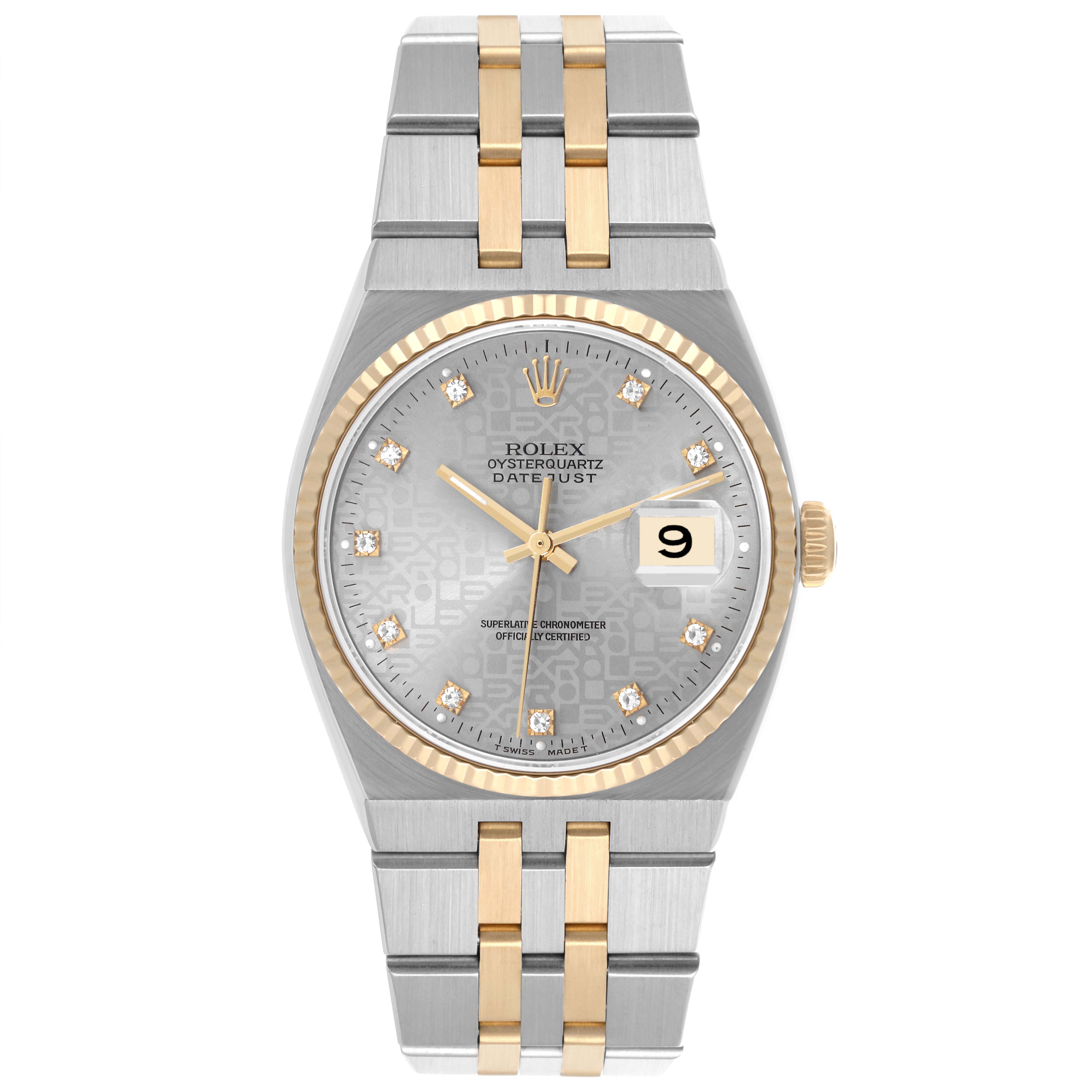 The Rolex Oysterquartz 17013 Men's Steel and Gold (two tone) Silver Dial 17013 Men's Steel and Gold (two tone) Silver Dial watch is shown from the front, highlighting the dial, bezel, and bracelet.