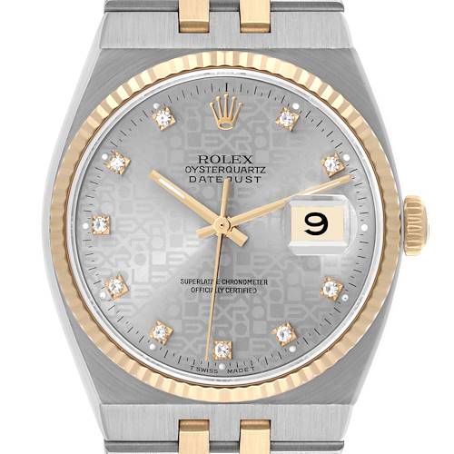 This Rolex Oysterquartz 17013 Men's Steel and Gold (two tone) Silver Dial 17013 Men's Steel and Gold (two tone) Silver Dial watch is shown from a front angle, highlighting the dial, bezel, date window, and part of the bracelet.
