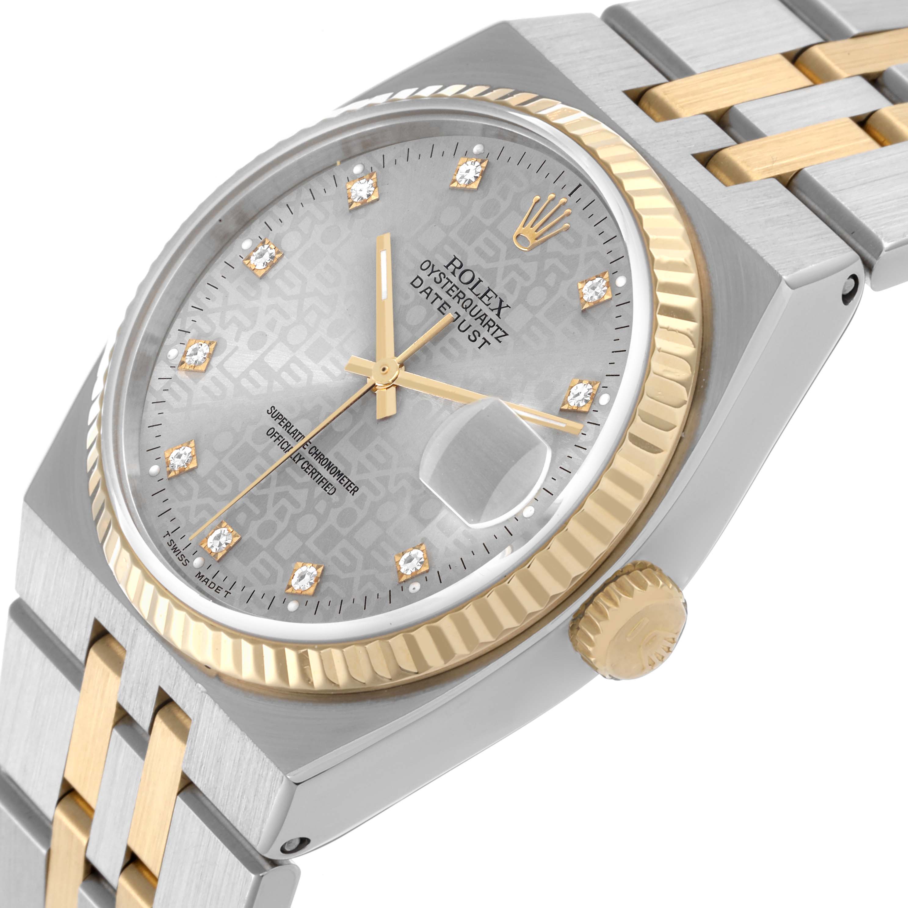 The Rolex Oysterquartz 17013 Men's Steel and Gold (two tone) Silver Dial 17013 Men's Steel and Gold (two tone) Silver Dial watch is shown from a side angle, highlighting the dial, bezel, crown, and part of the bracelet.