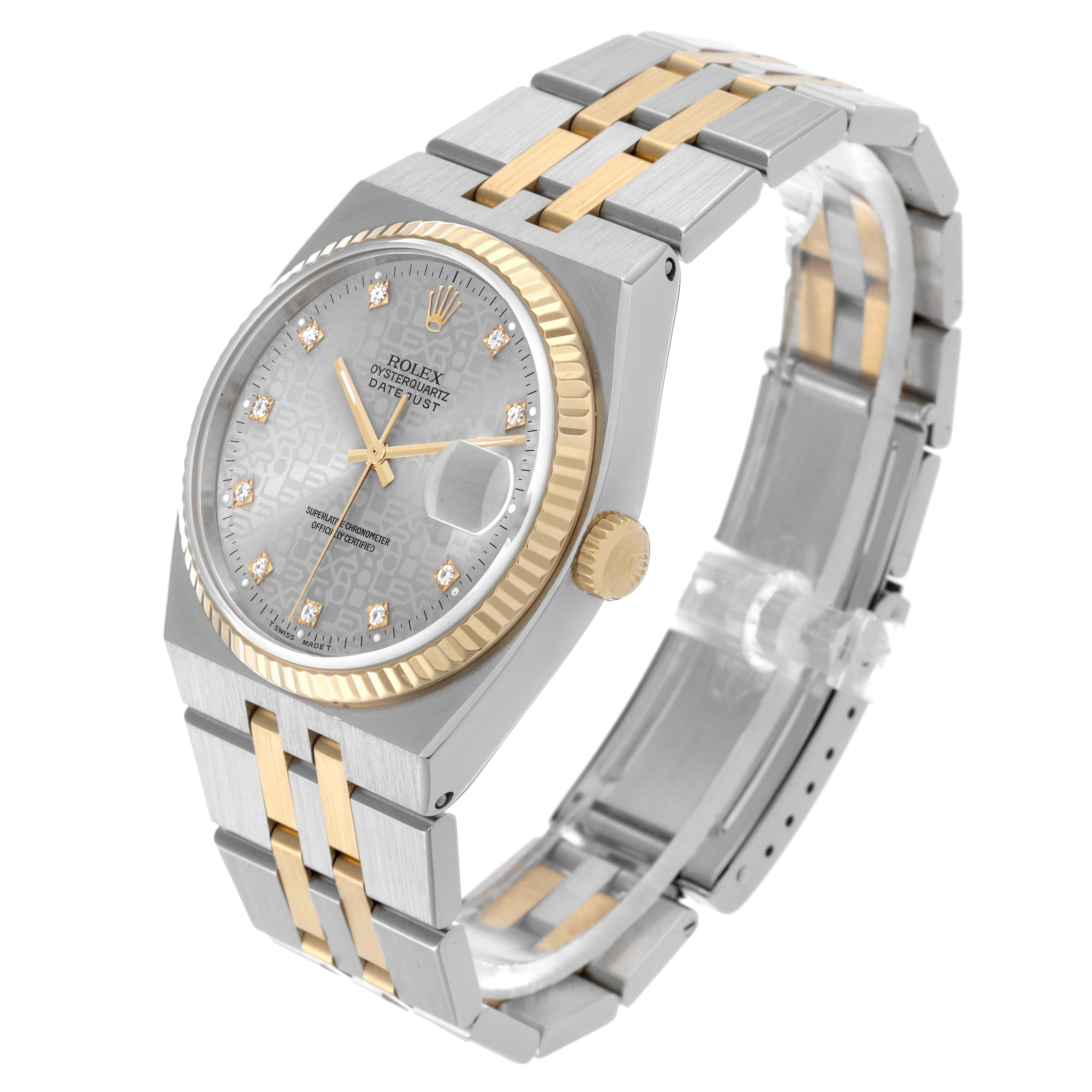 The Rolex Oysterquartz 17013 Men's Steel and Gold (two tone) Silver Dial 17013 Men's Steel and Gold (two tone) Silver Dial watch is shown at an angled view highlighting the face, crown, and bracelet.