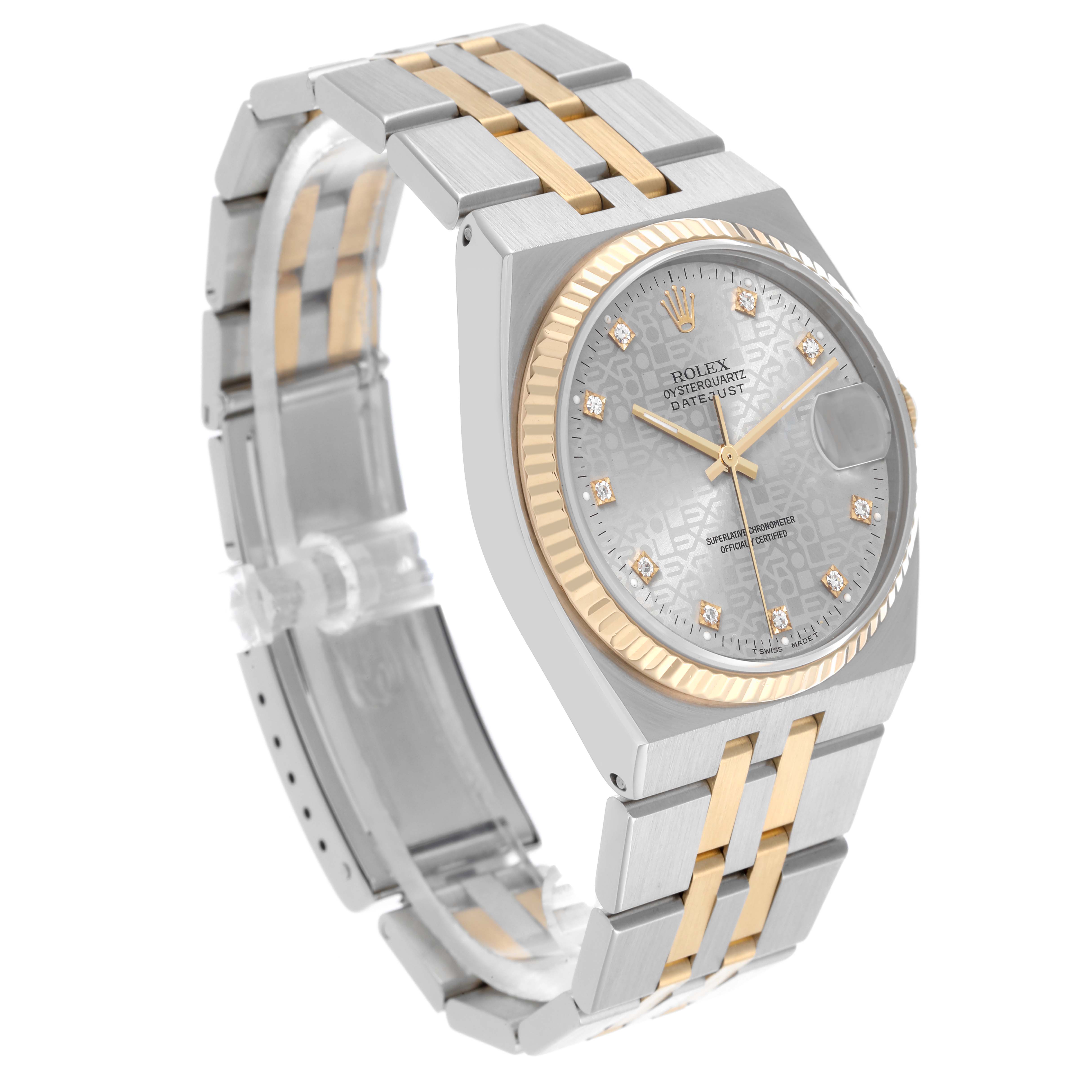 The Rolex Oysterquartz 17013 Men's Steel and Gold (two tone) Silver Dial 17013 Men's Steel and Gold (two tone) Silver Dial watch is shown at an angle displaying the face, bezel, bracelet, and crown.