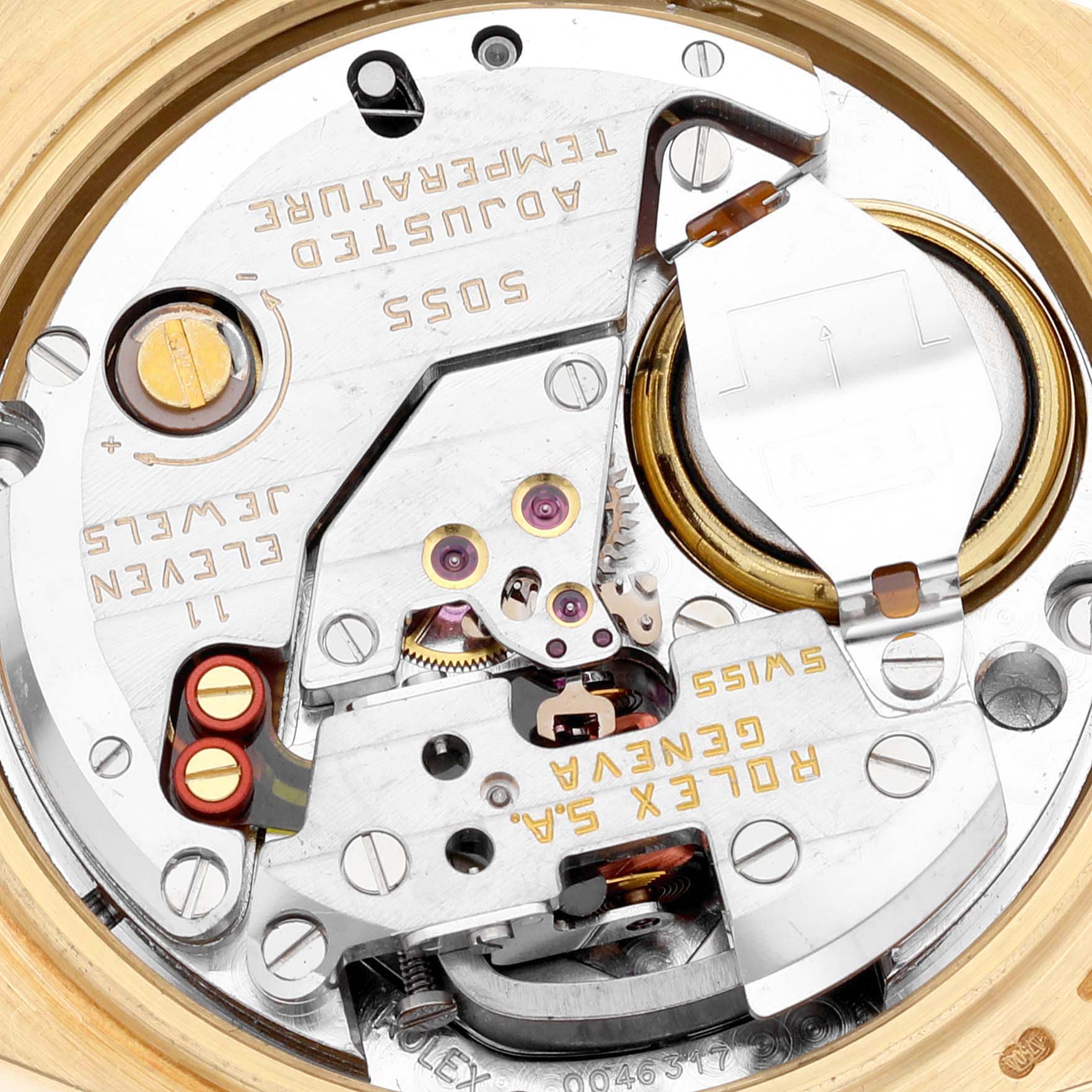 This image shows a close-up of the internal mechanism of a Rolex Oysterquartz 19018 Men's Yellow Gold Champagne Dial 19018 Men's Yellow Gold Champagne Dial watch.