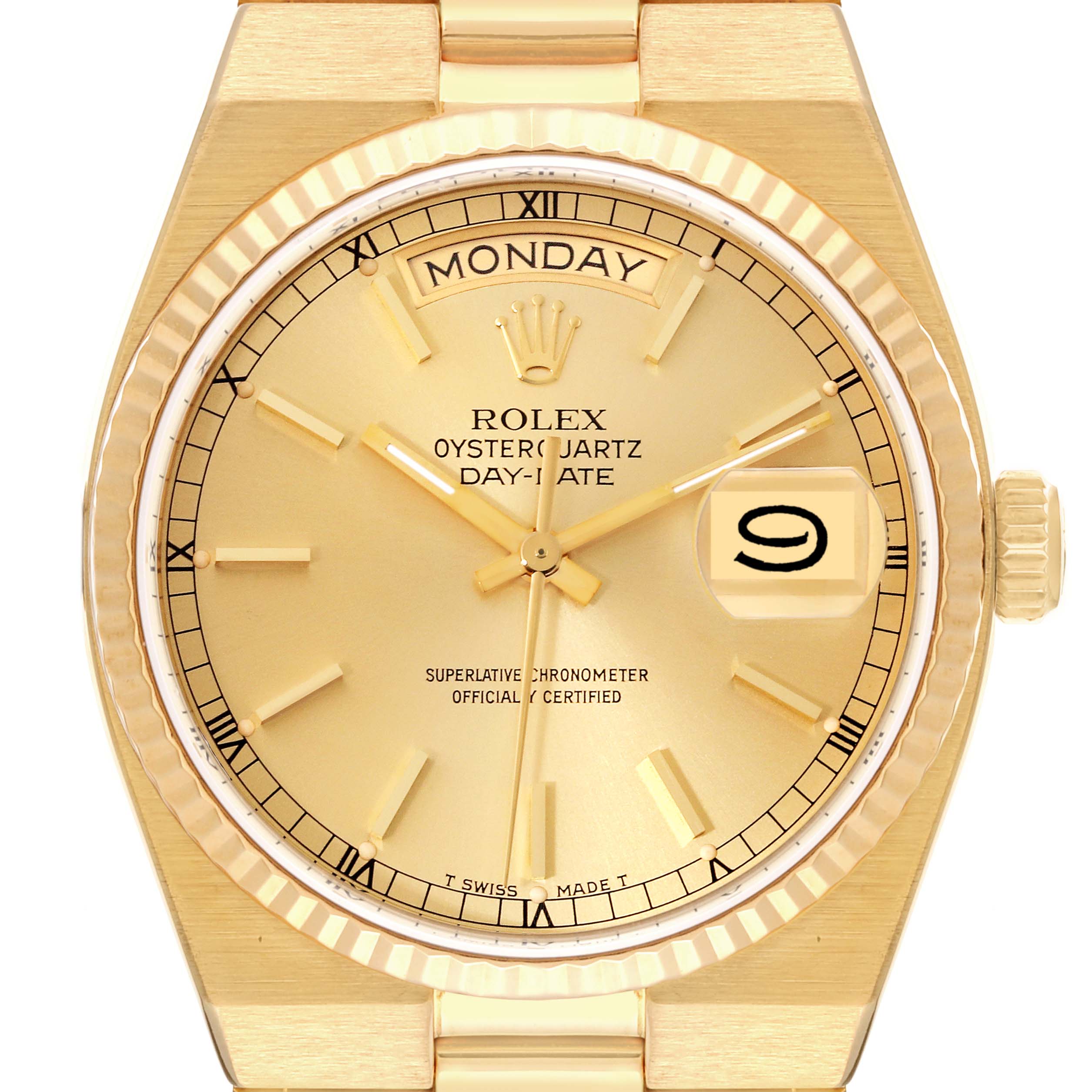 This is a close-up, front-facing view of the Rolex Oysterquartz 19018 Men's Yellow Gold Champagne Dial 19018 Men's Yellow Gold Champagne Dial watch showing the dial, hands, Roman numeral bezel, and crown.