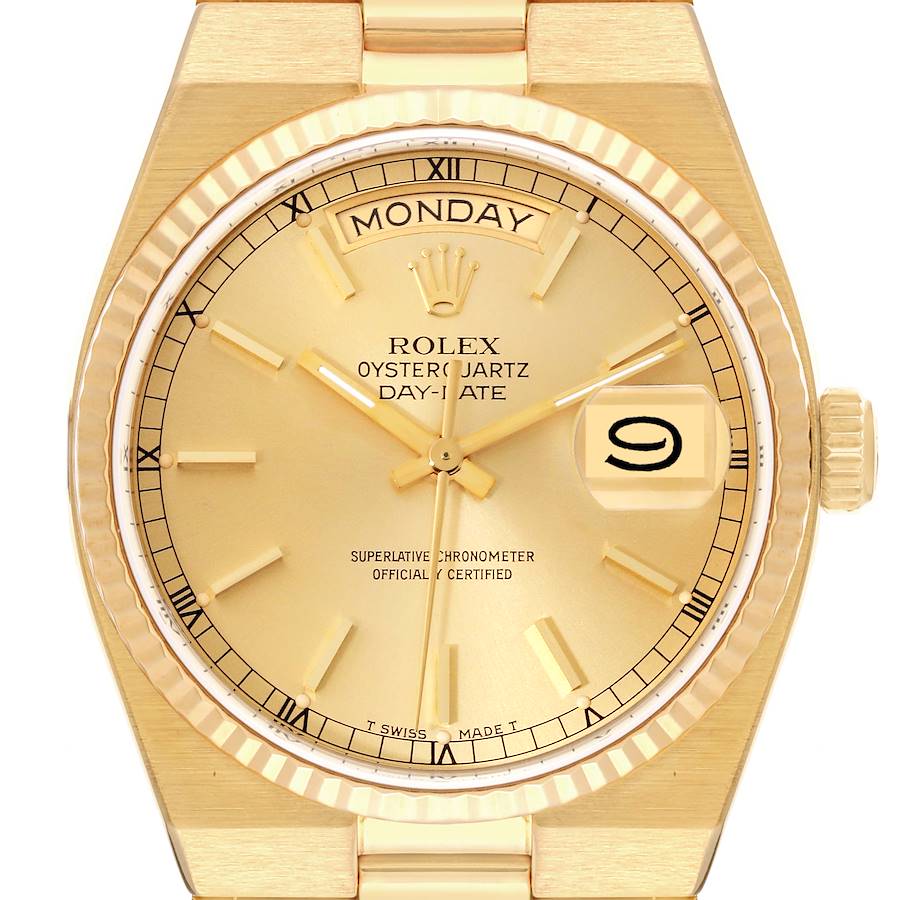 This is a close-up, front-facing view of the Rolex Oysterquartz 19018 Men's Yellow Gold Champagne Dial 19018 Men's Yellow Gold Champagne Dial watch showing the dial, hands, Roman numeral bezel, and crown.