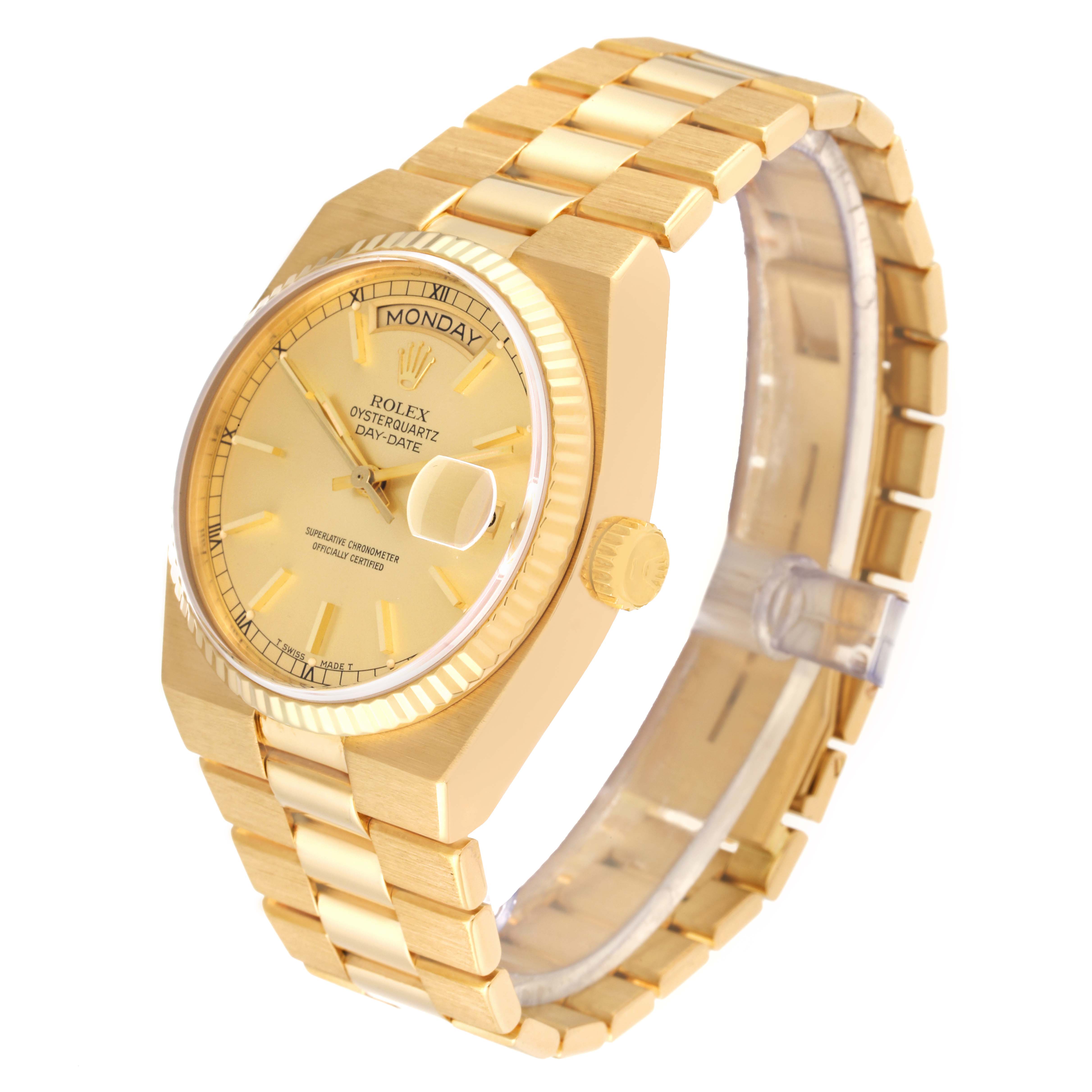 The image shows a Rolex Oysterquartz 19018 Men's Yellow Gold Champagne Dial 19018 Men's Yellow Gold Champagne Dial Day-Date watch at a three-quarter angle, highlighting its gold bracelet and dial.