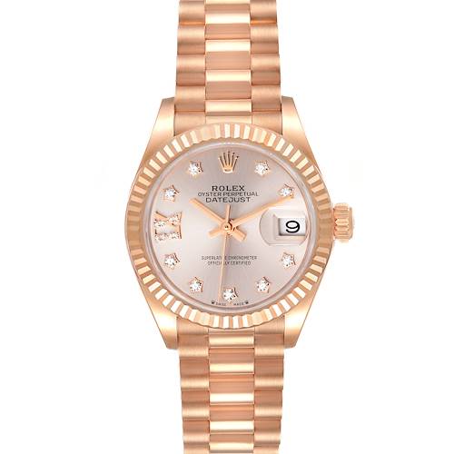The image shows the front view of a Rolex President 279175 Women's Rose Gold Pink Dial 279175 Women's Rose Gold Pink Dial Datejust watch, highlighting its face, bezel, and bracelet.