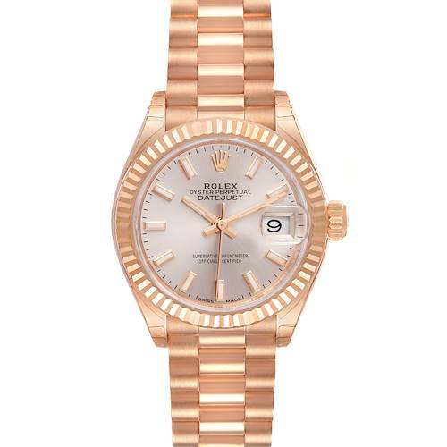 The image shows a frontal view of the Rolex President 279175 Women's Rose Gold Pink Dial 279175 Women's Rose Gold Pink Dial Datejust, highlighting the dial, hands, bezel, and bracelet.
