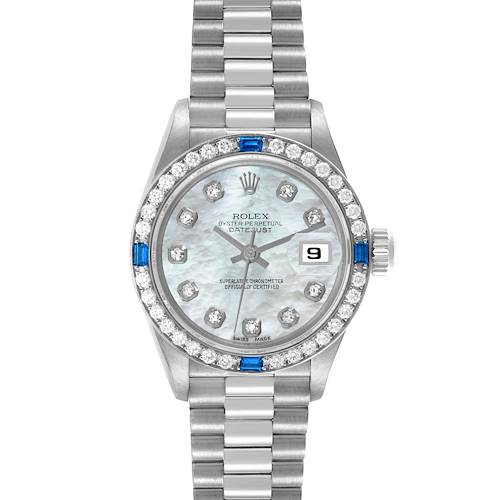 The Rolex President 69089 Women's White Gold Mother of Pearl Dial 69089 Women's White Gold Mother of Pearl Dial model watch is shown from the front, displaying its bracelet, face, and jeweled bezel.