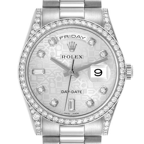 The Rolex President 118389 Men's White Gold Silver Dial 118389 Men's White Gold Silver Dial watch is shown from the front, highlighting its face, bezel, and part of the bracelet.
