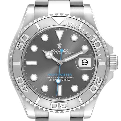 The Rolex Yacht-Master 126622 Men's Stainless Steel Grey Dial 126622 Men's Stainless Steel Grey Dial watch is shown from a front angle, displaying the dial, bezel, hands, and part of the bracelet.
