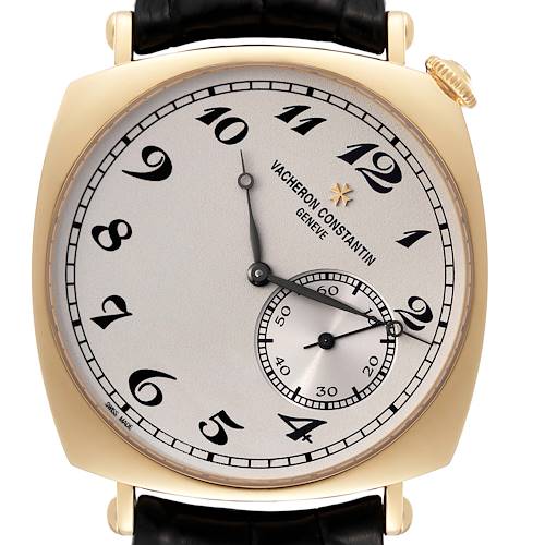 The image shows a front view of the Vacheron Constantin Historiques 82035/000J-9964 Men's Yellow Gold Silver Dial 82035/000J-9964 Men's Yellow Gold Silver Dial model watch, displaying its face, hands, and crown.