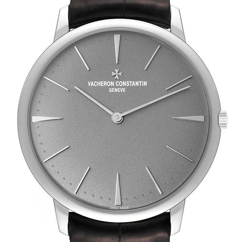 This image shows a frontal view of the Vacheron Constantin Patrimony 81180 Men's Platinum Grey Dial 81180 Men's Platinum Grey Dial watch.