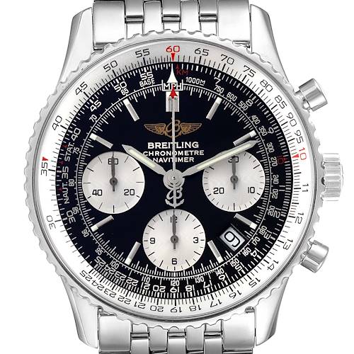 The Breitling Navitimer A23322 Men's Stainless Steel Black Dial A23322 Men's Stainless Steel Black Dial watch is shown from the front angle, displaying its three subdials, bezel, and stainless steel bracelet.