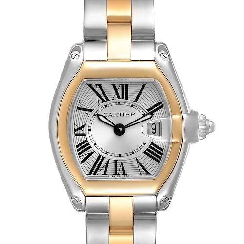 This image shows a front view of the Cartier Roadster W62026Y4 Women's Steel and Gold (two tone) Silver Dial W62026Y4 Women's Steel and Gold (two tone) Silver Dial watch, highlighting its dial, case, and part of the bracelet.