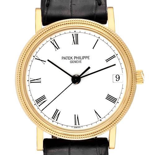 This image shows a front view of the Patek Philippe Calatrava 3802/200 Men's Yellow Gold White Dial 3802/200 Men's Yellow Gold White Dial watch, displaying its dial, hands, bezel, date window, and strap.