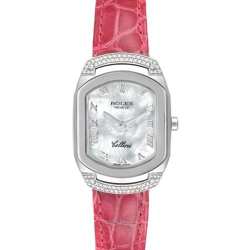 Shown from a direct front angle, this Rolex Cellini 6692 Women's White Gold Mother of Pearl Dial 6692 Women's White Gold Mother of Pearl Dial watch features a pink strap, a silver case with diamonds, and a mother-of-pearl dial.