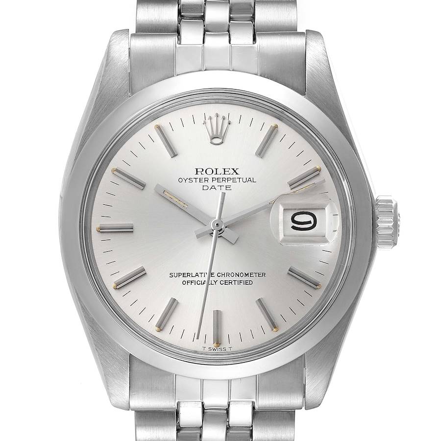 This is a head-on view of a Rolex Oyster Perpetual Date watch, showing the face, hands, date window, and part of the metal bracelet.