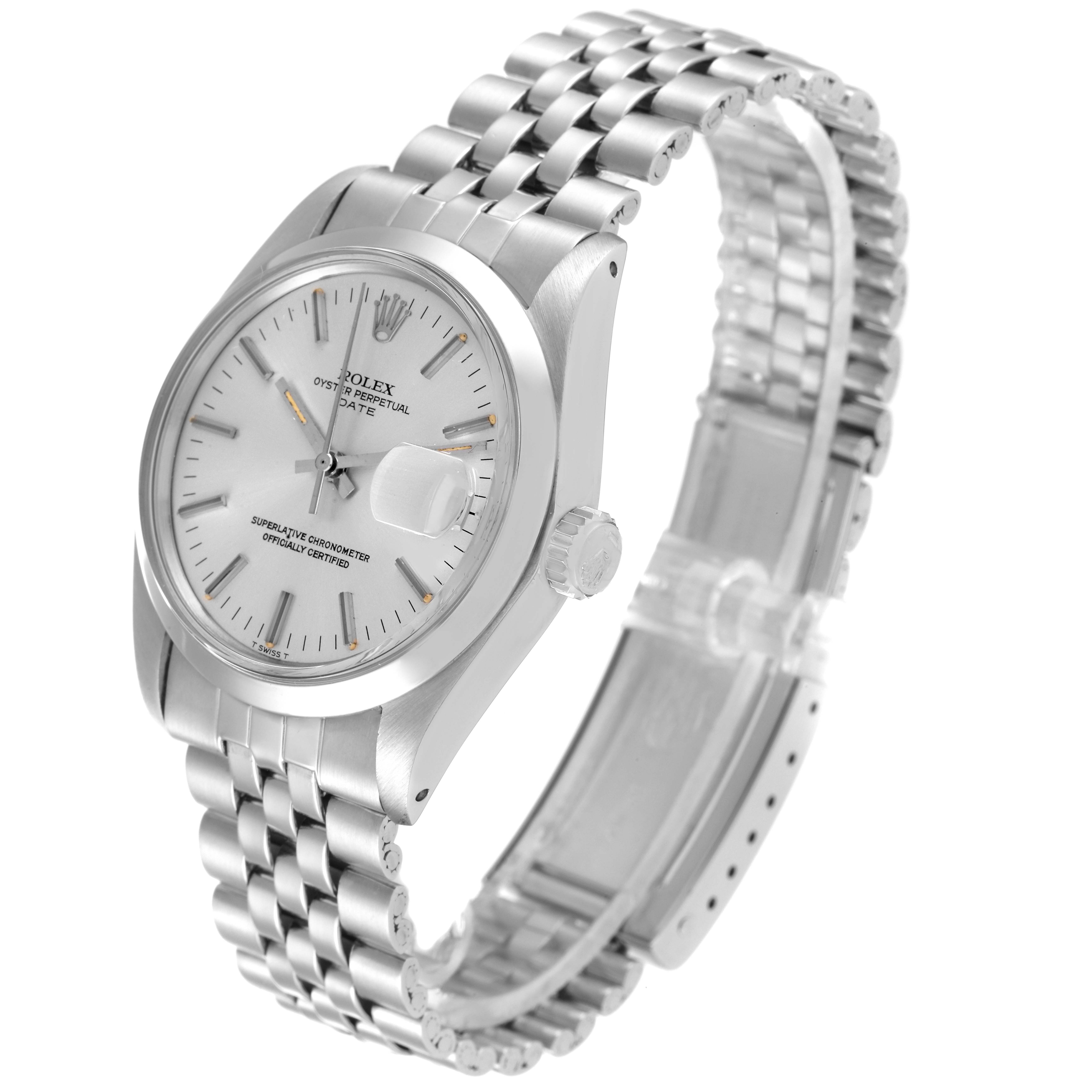 This image shows a Rolex Date 1500 Men's Stainless Steel Silver Dial 1500 Men's Stainless Steel Silver Dial model watch at a front-right angle, highlighting its dial, bezel, crown, and bracelet.