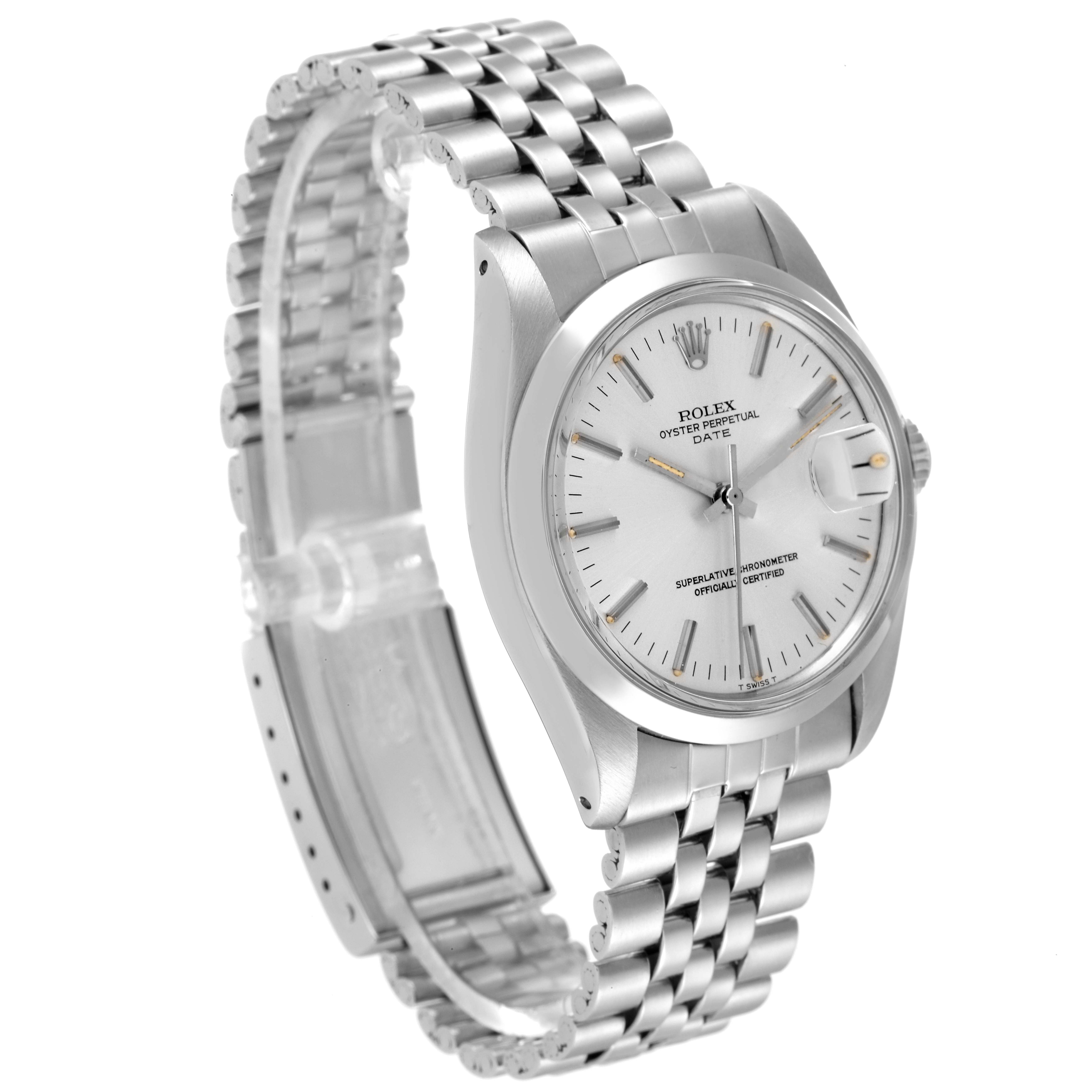 The image shows a Rolex Date 1500 Men's Stainless Steel Silver Dial 1500 Men's Stainless Steel Silver Dial model watch at a three-quarter angle, highlighting its bracelet, dial, and case.
