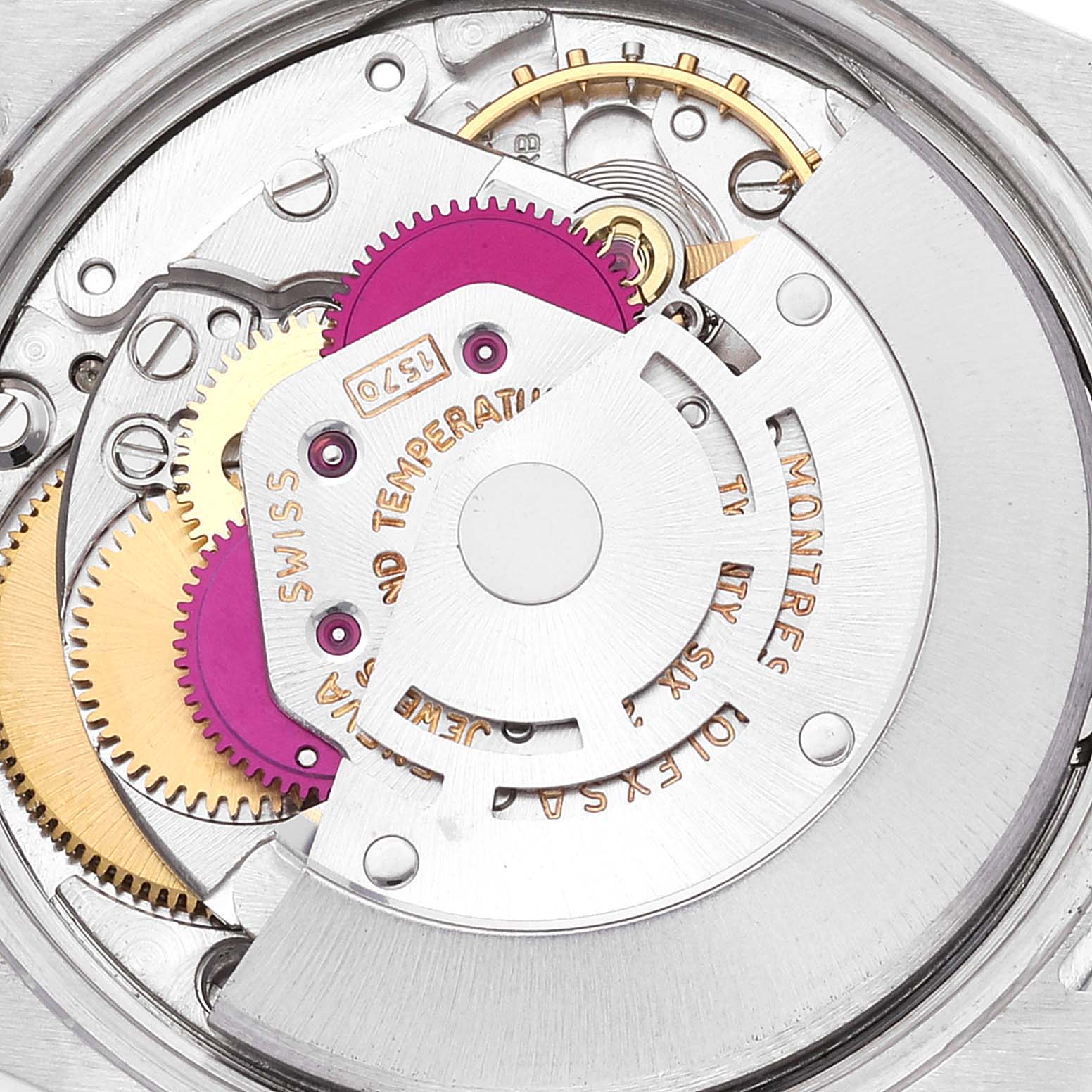 This image shows the internal mechanism of a Rolex Date 1500 Men's Stainless Steel Silver Dial 1500 Men's Stainless Steel Silver Dial model watch from a top-down angle.
