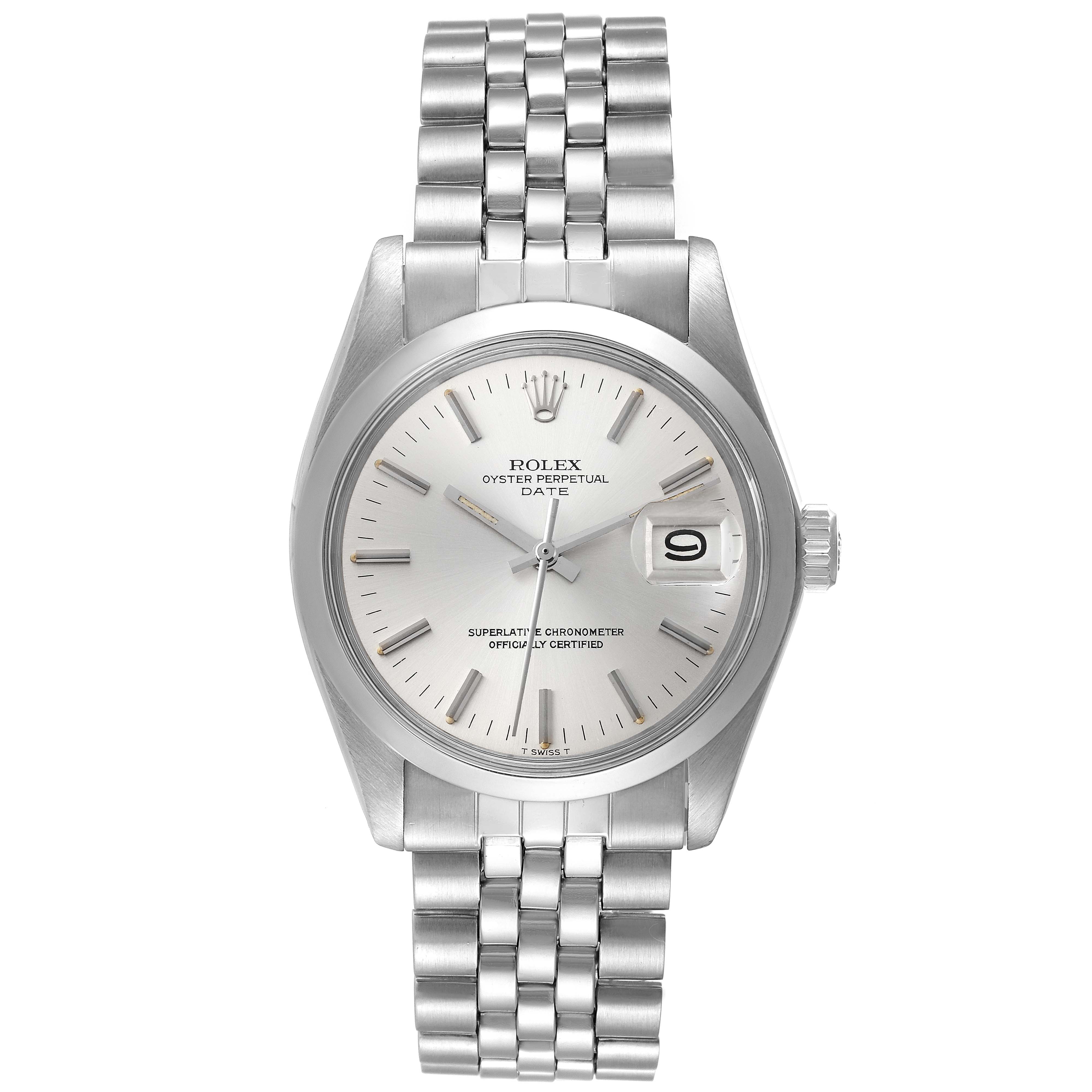 The image shows a front view of the Rolex Date 1500 Men's Stainless Steel Silver Dial 1500 Men's Stainless Steel Silver Dial watch, featuring its dial, hour markers, date window, and metal bracelet.