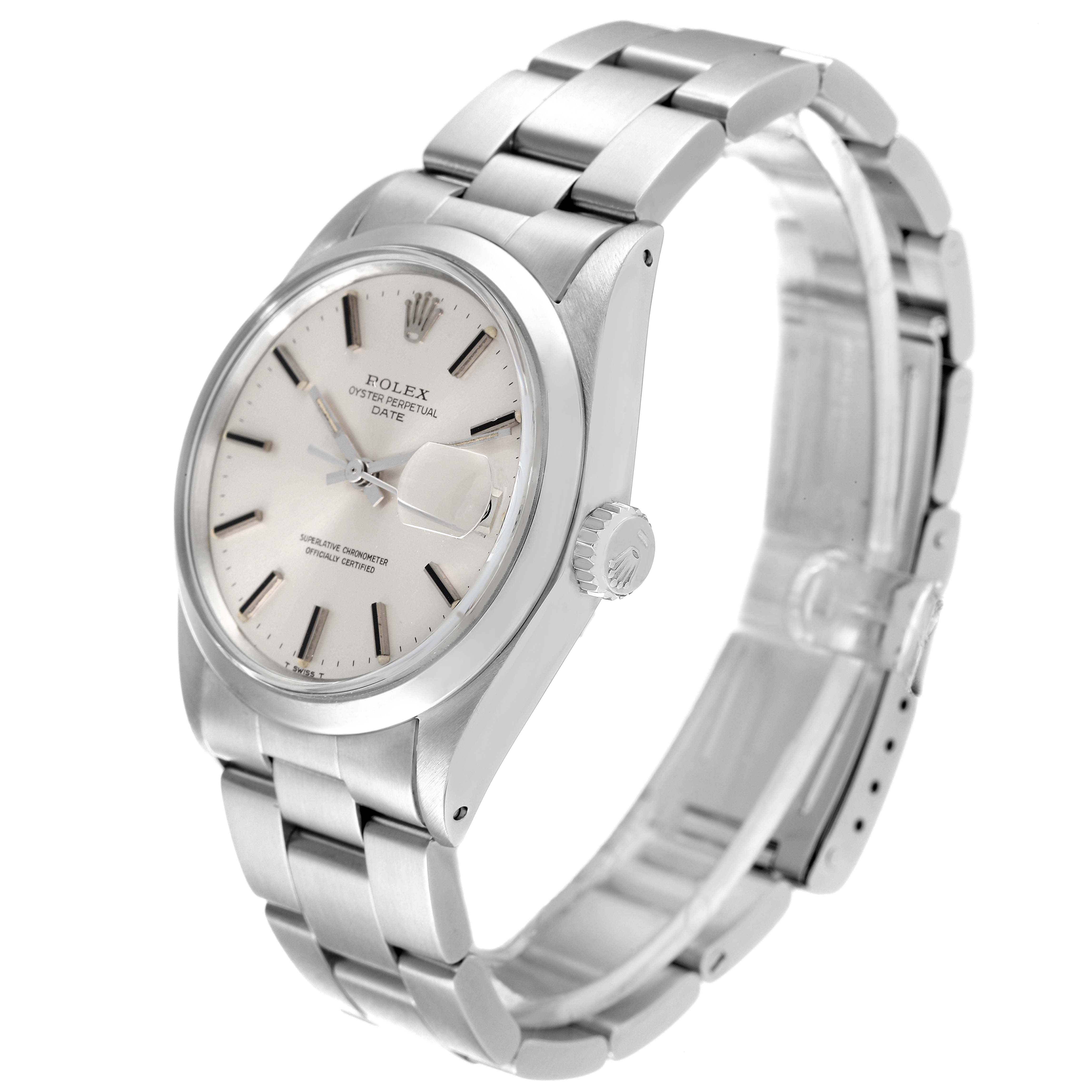The image shows a Rolex Date 1500 Men's Stainless Steel Silver Dial 1500 Men's Stainless Steel Silver Dial model watch at a three-quarter angle, highlighting the face, crown, and bracelet.