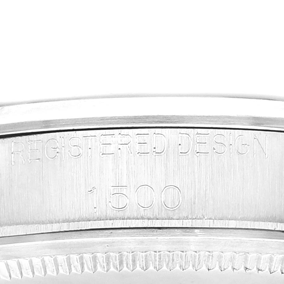 This close-up image shows the engraved model number "1500" on the case of a Rolex Date 1500 Men's Stainless Steel Silver Dial 1500 Men's Stainless Steel Silver Dial watch.