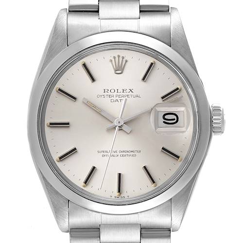 The image shows a close-up, front view of a Rolex Date 1500 Men's Stainless Steel Silver Dial 1500 Men's Stainless Steel Silver Dial model watch displaying its dial, hands, and date window.