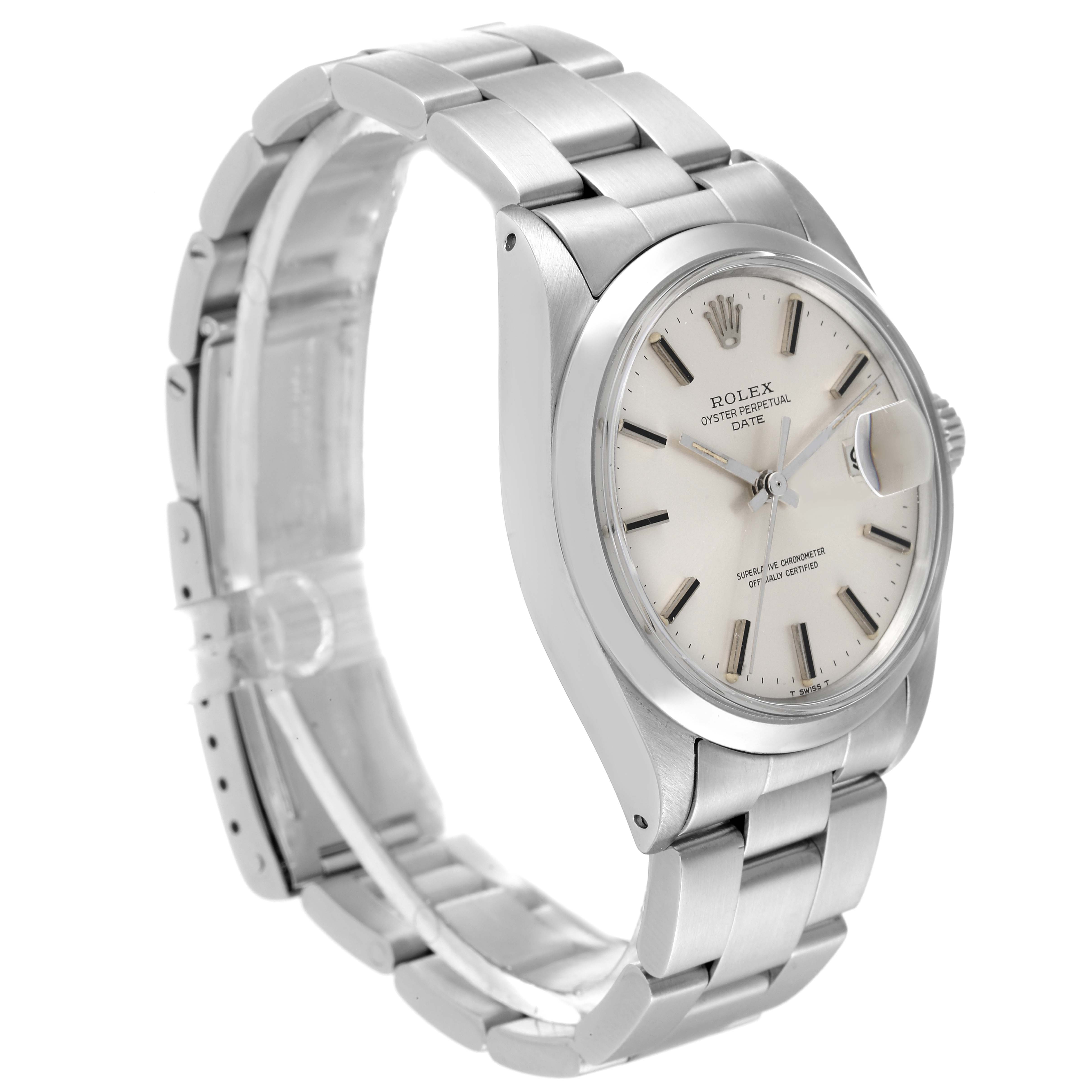The image shows a Rolex Date 1500 Men's Stainless Steel Silver Dial 1500 Men's Stainless Steel Silver Dial model watch from a three-quarter angle highlighting the face, bezel, bracelet, and crown.