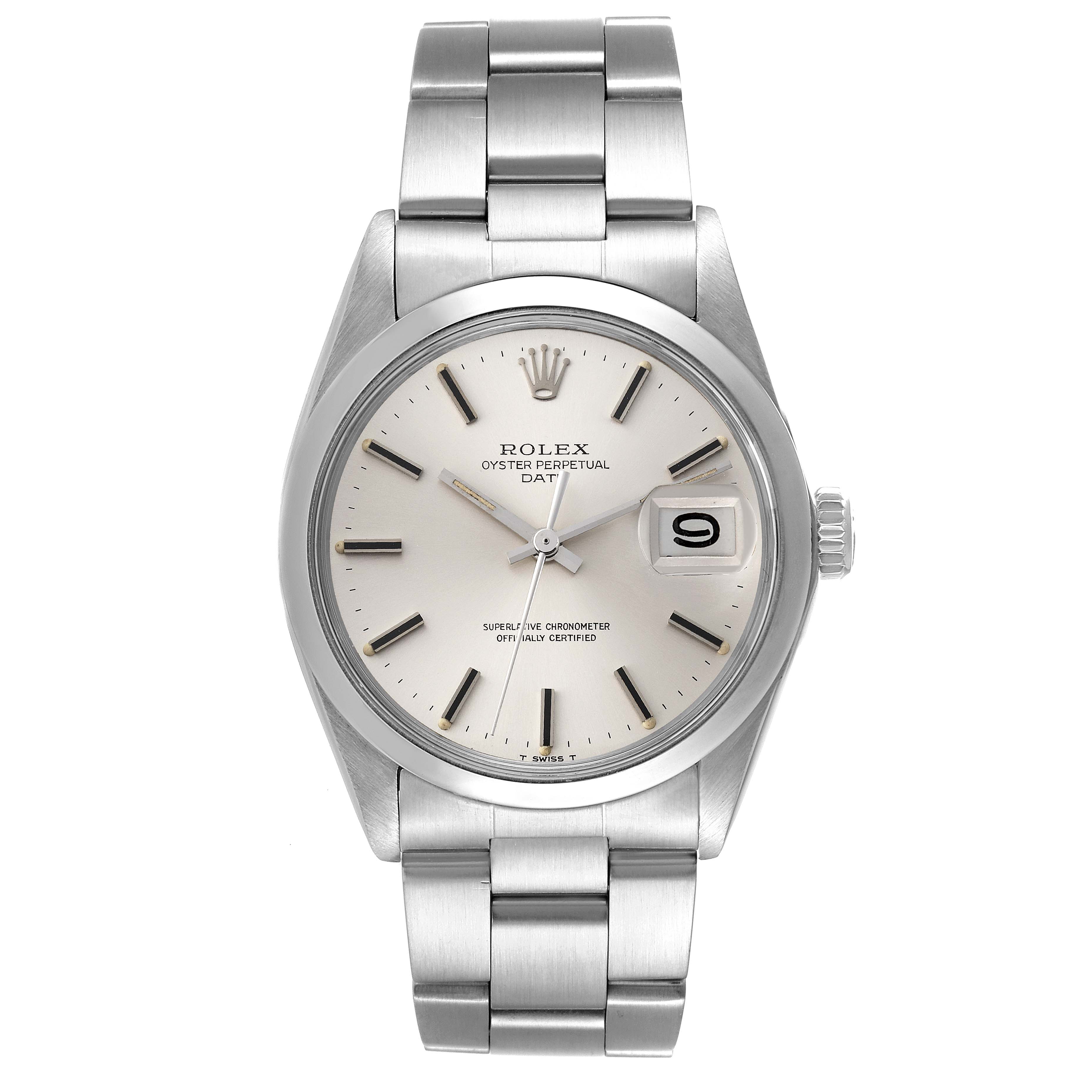 The image shows a front view of a Rolex Date 1500 Men's Stainless Steel Silver Dial 1500 Men's Stainless Steel Silver Dial model, highlighting the dial, hands, date window, and bracelet.