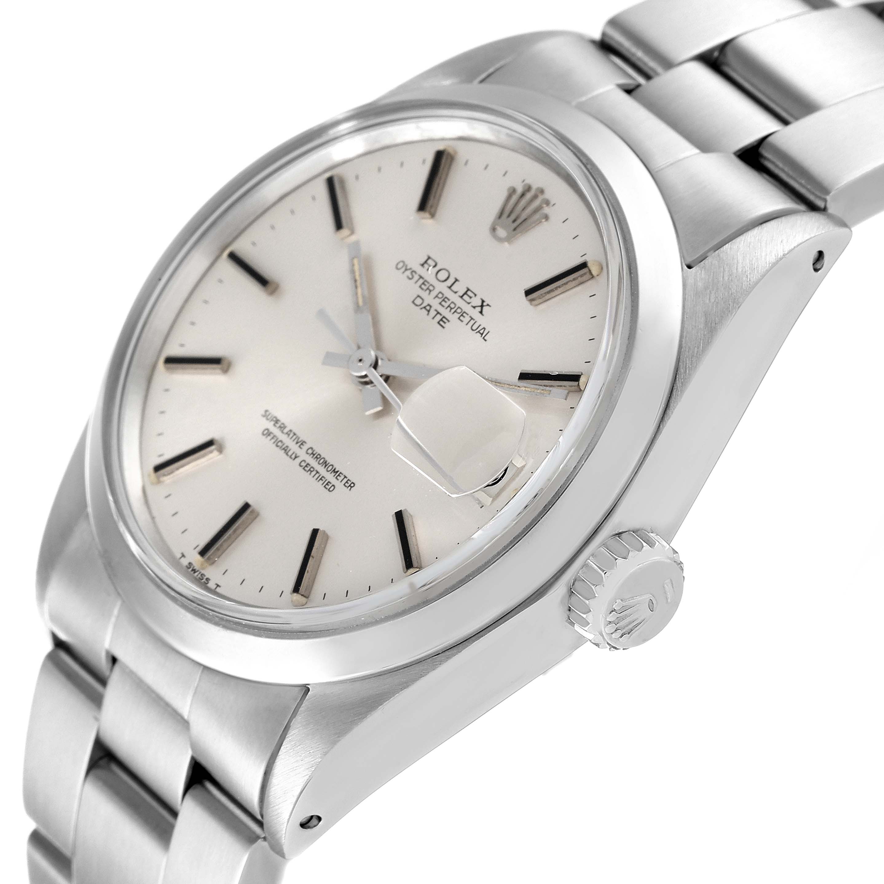 This image shows a partial side and front view of a Rolex Date 1500 Men's Stainless Steel Silver Dial 1500 Men's Stainless Steel Silver Dial model watch, highlighting the dial, crown, and bracelet.