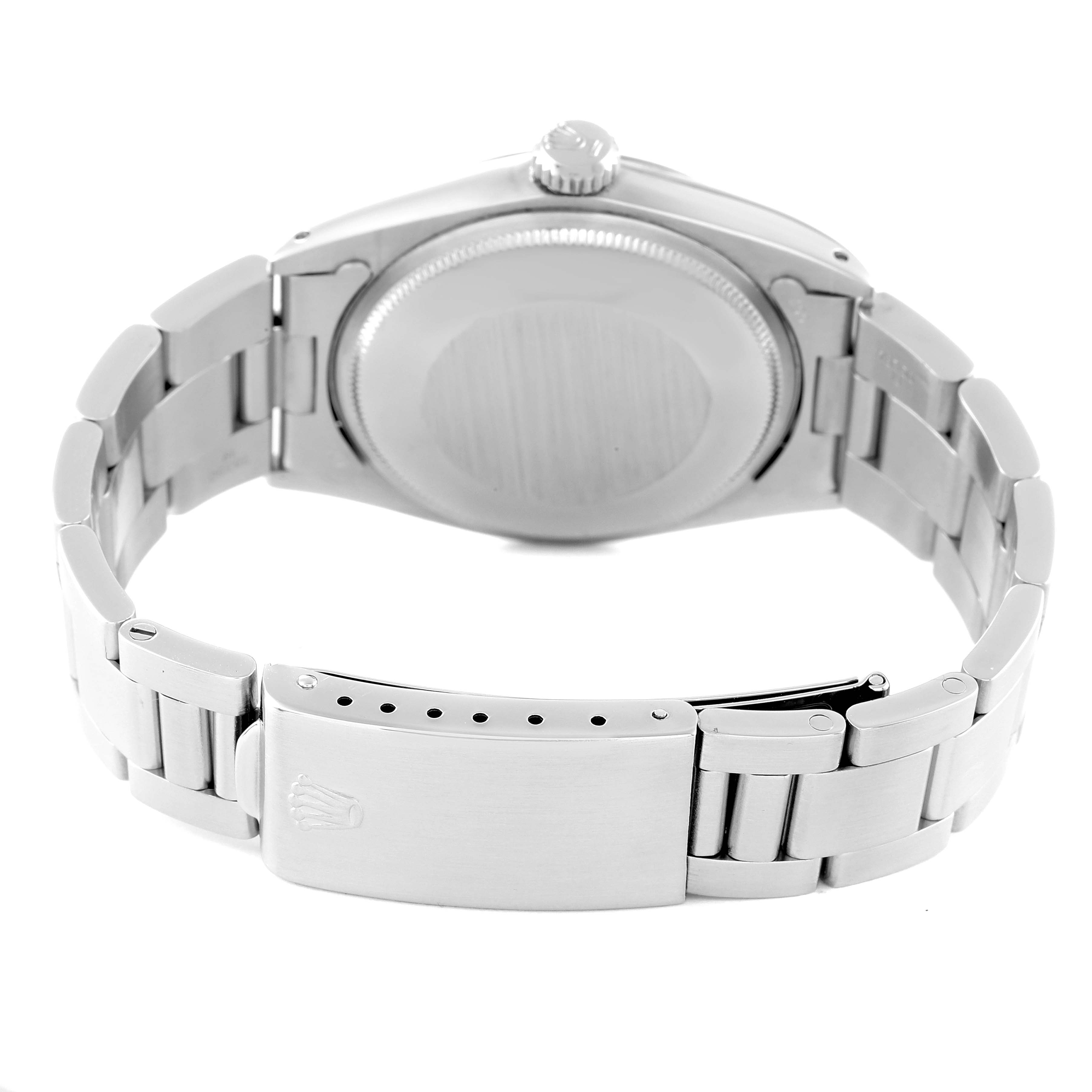 The image shows the back and clasp of a Rolex Date 1500 Men's Stainless Steel Silver Dial 1500 Men's Stainless Steel Silver Dial model watch, highlighting the bracelet and case back.