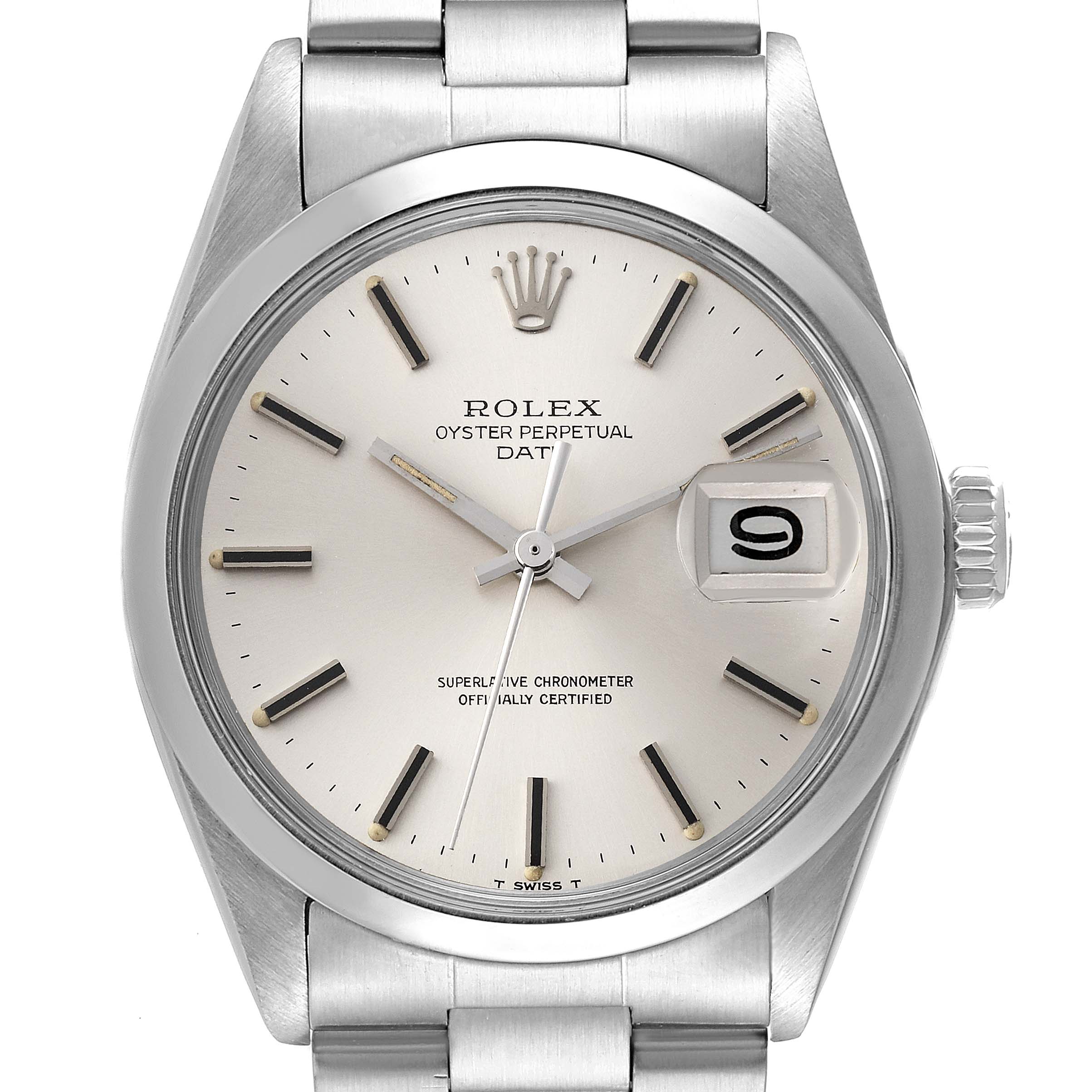 The image shows a front view of the Rolex Date 1500 Men's Stainless Steel Silver Dial 1500 Men's Stainless Steel Silver Dial model watch, including its dial, bezel, crown, and bracelet.