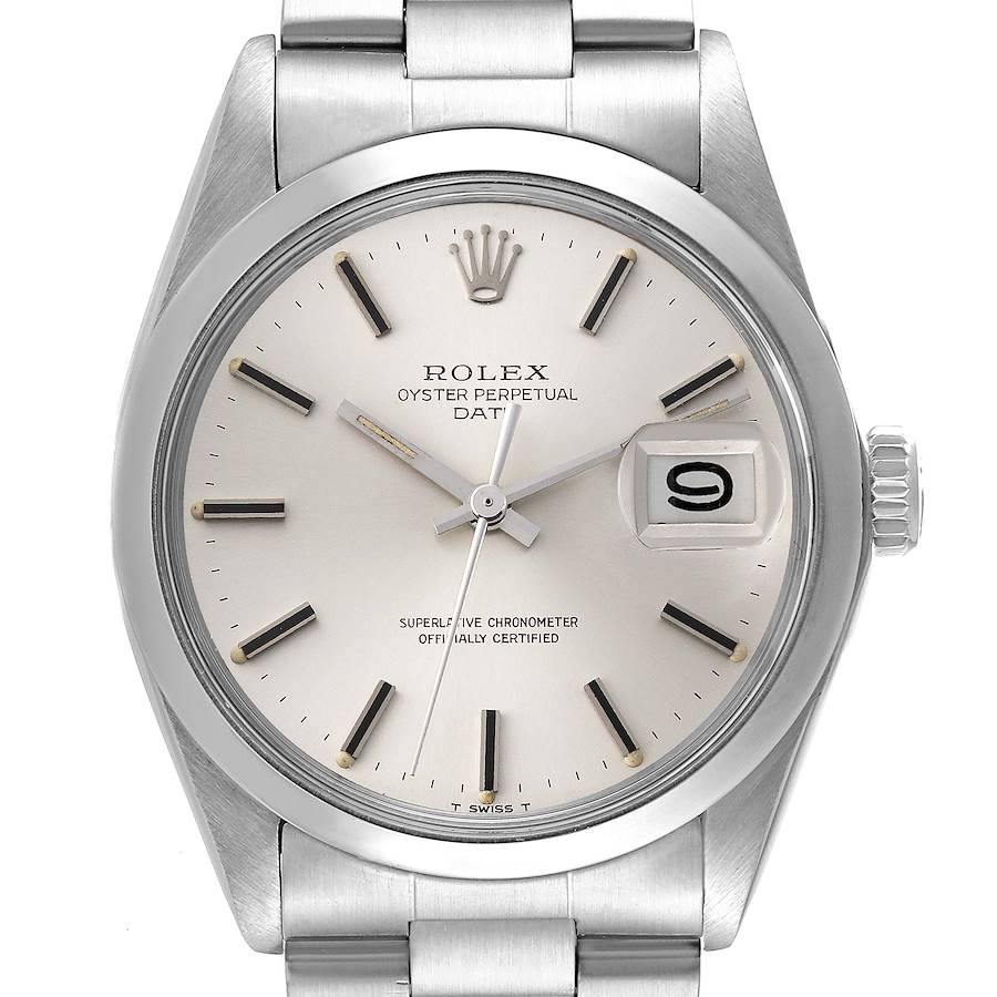 The image shows a front view of the Rolex Date 1500 Men's Stainless Steel Silver Dial 1500 Men's Stainless Steel Silver Dial model watch, including its dial, bezel, crown, and bracelet.