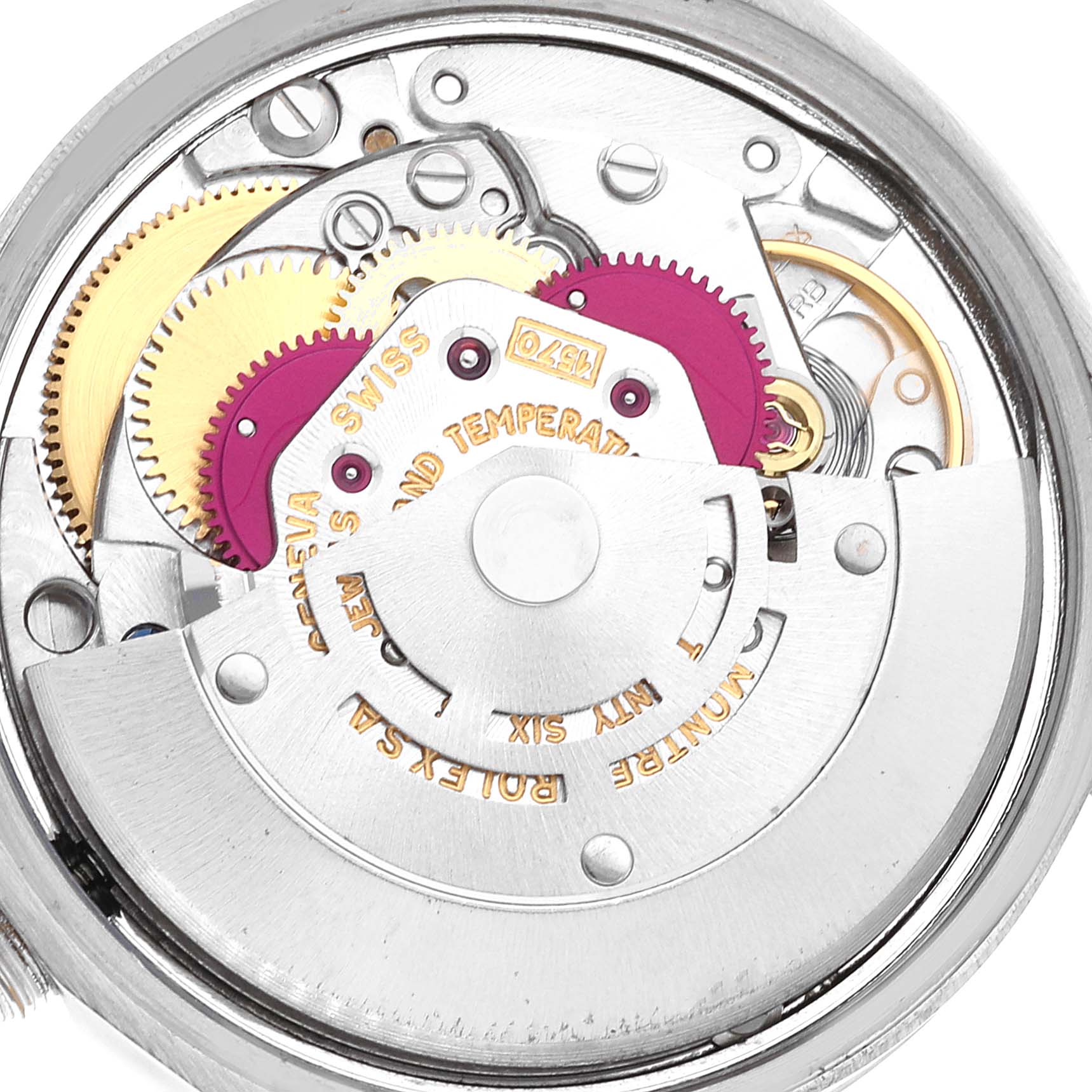This image shows the inner mechanism of a Rolex Date 1500 Men's Stainless Steel Silver Dial 1500 Men's Stainless Steel Silver Dial model watch at a detailed, close-up angle.