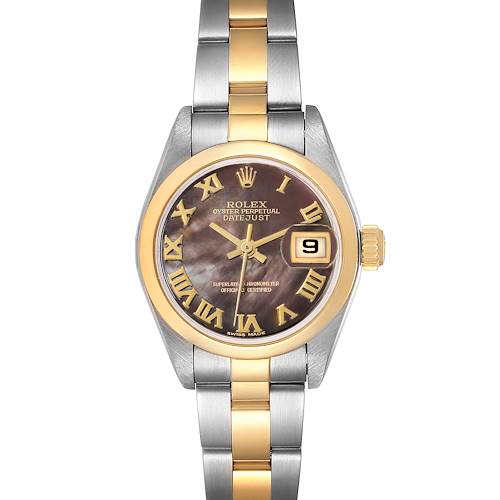 The Rolex Datejust 79163 Women's Steel and Gold (two tone) Mother of Pearl Dial 79163 Women's Steel and Gold (two tone) Mother of Pearl Dial watch is shown at a straight-on angle, highlighting the face, bezel, and bracelet.