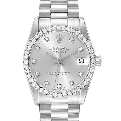 The image shows a front view of the Rolex President 68289 Women's White Gold Silver Dial 68289 Women's White Gold Silver Dial model, featuring the watch face, bezel, and bracelet.