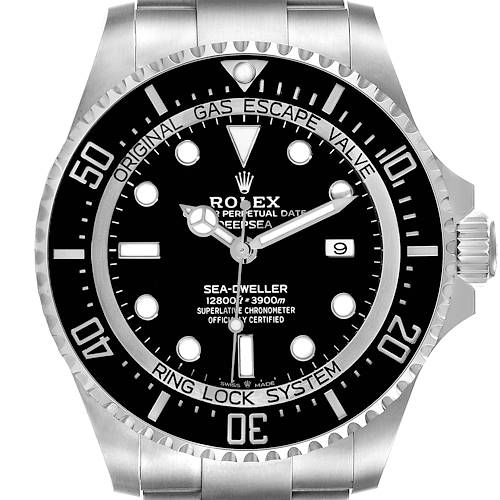 The image shows a front view of the Rolex Sea-Dweller 126660 Men's Stainless Steel Black Dial 126660 Men's Stainless Steel Black Dial watch, focusing on its face, bezel, and part of the bracelet.