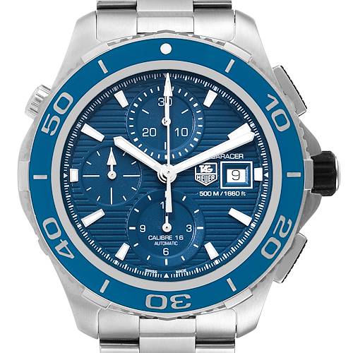 The image shows a front view of a Tag Heuer Aquaracer CAK2112.BA0833 Men's Stainless Steel Blue Dial CAK2112.BA0833 Men's Stainless Steel Blue Dial watch, highlighting the blue dial, chronograph sub-dials, and date display.