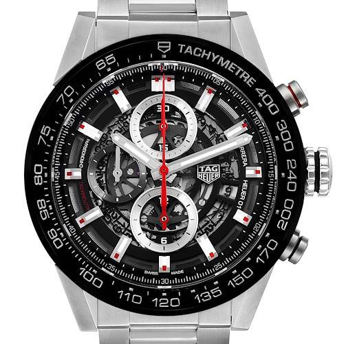 The image shows a head-on view of the Tag Heuer Carrera CAR201V.BA0714 Men's Stainless Steel Black Dial CAR201V.BA0714 Men's Stainless Steel Black Dial watch, highlighting its dial, tachymeter bezel, and metallic bracelet.