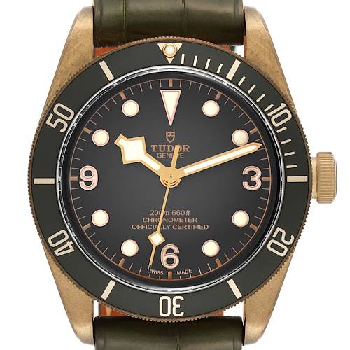 The image shows a frontal view of the Tudor Heritage Black Bay 79250BA Men's Bronze Black Dial 79250BA Men's Bronze Black Dial watch, including its bezel, dial, hands, and part of the strap.
