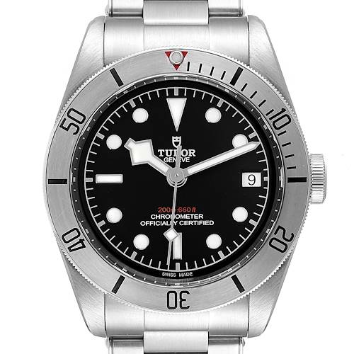 The Heritage Black Bay model by Tudor is shown from the front, displaying its face, bezel, and part of the stainless steel bracelet.