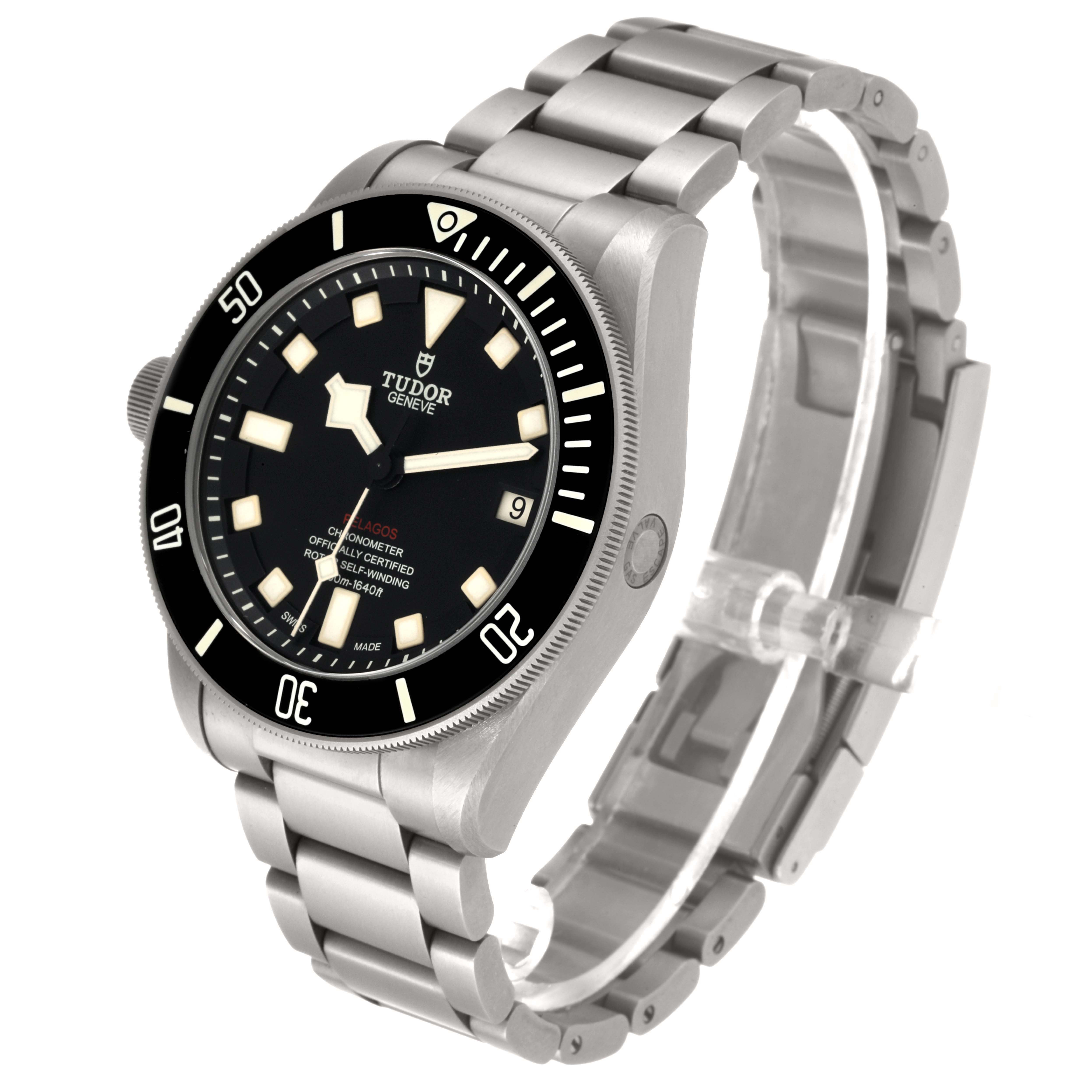 The Tudor Pelagos 25610TNL Men's Titanium Black Dial 25610TNL Men's Titanium Black Dial watch is shown at a slight angle, highlighting its face, bezel, and bracelet.