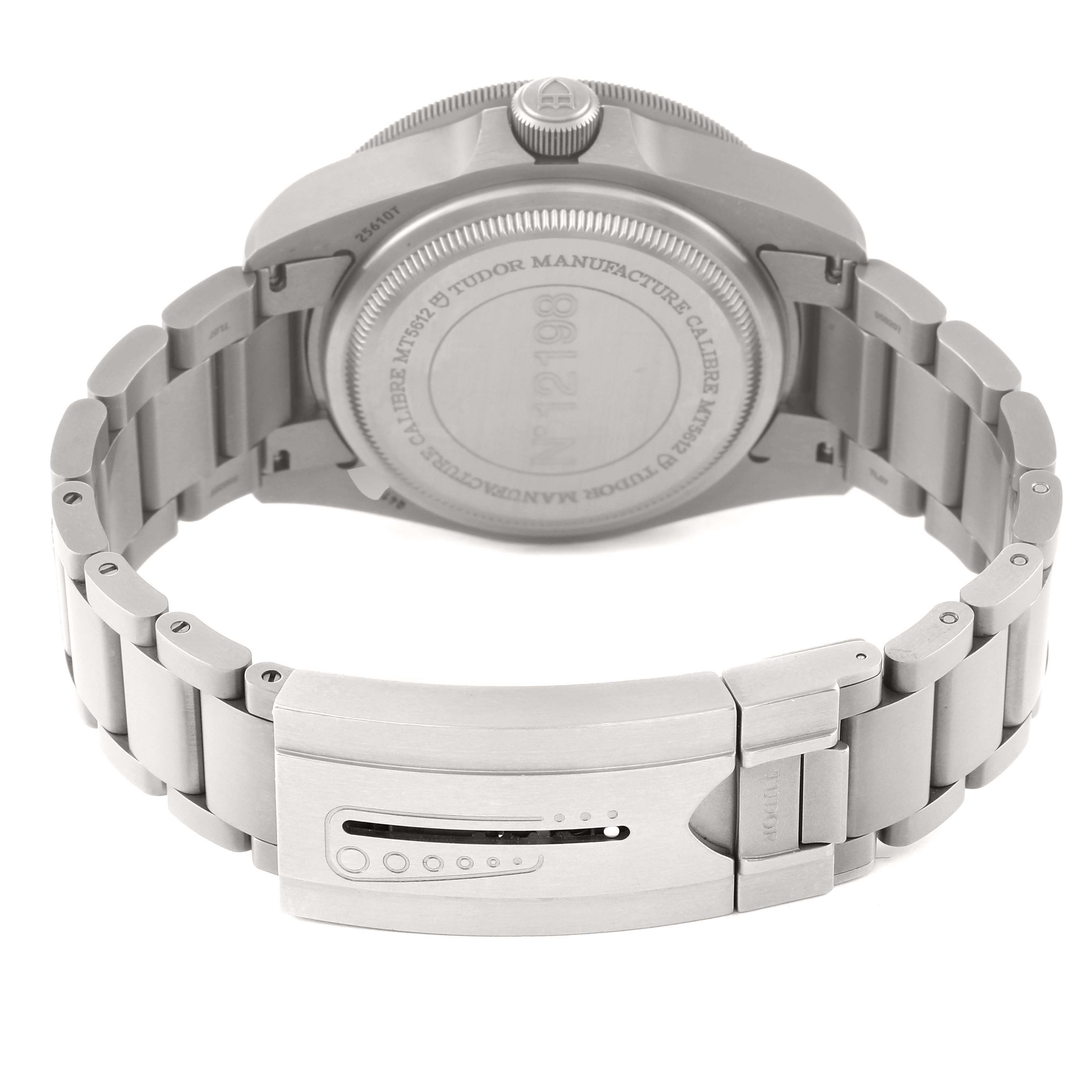 This image shows the backside and clasp of a Tudor Pelagos 25610TNL Men's Titanium Black Dial 25610TNL Men's Titanium Black Dial watch in a slightly angled view.