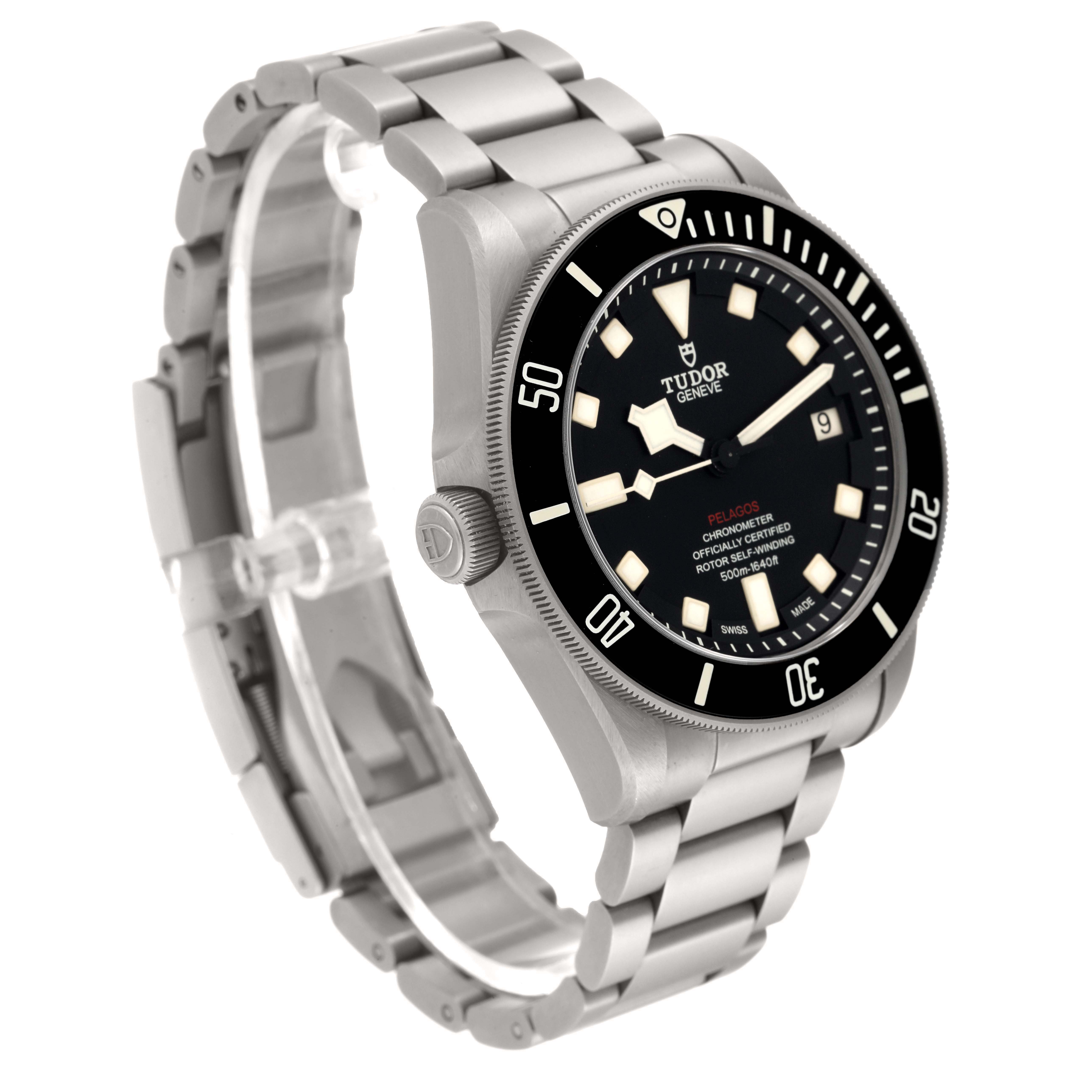 The image shows a Tudor Pelagos 25610TNL Men's Titanium Black Dial 25610TNL Men's Titanium Black Dial watch at an angled front view, highlighting the dial, bezel, and bracelet.