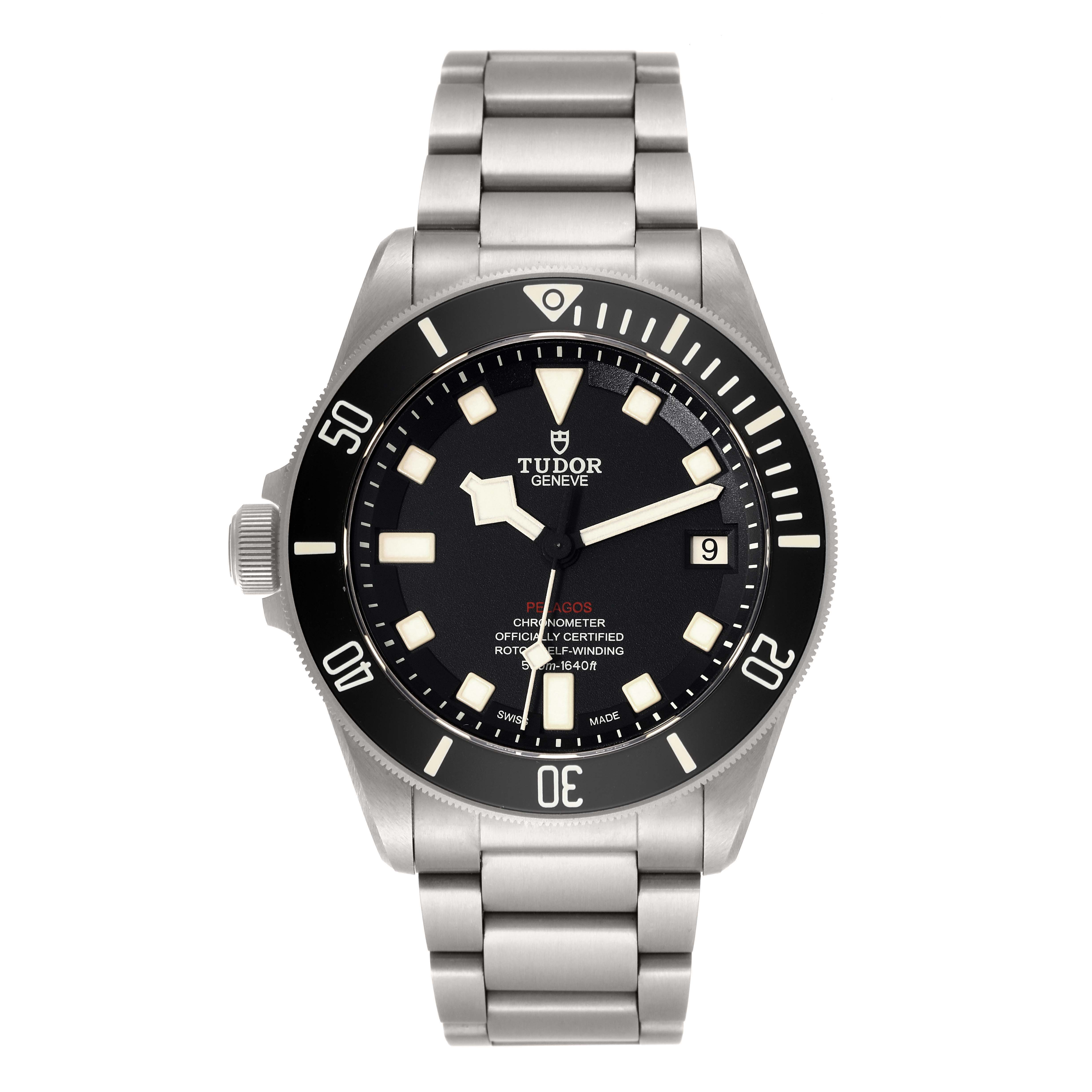 The image shows a front view of the Tudor Pelagos 25610TNL Men's Titanium Black Dial 25610TNL Men's Titanium Black Dial watch, including its face, bezel, case, and metal bracelet.