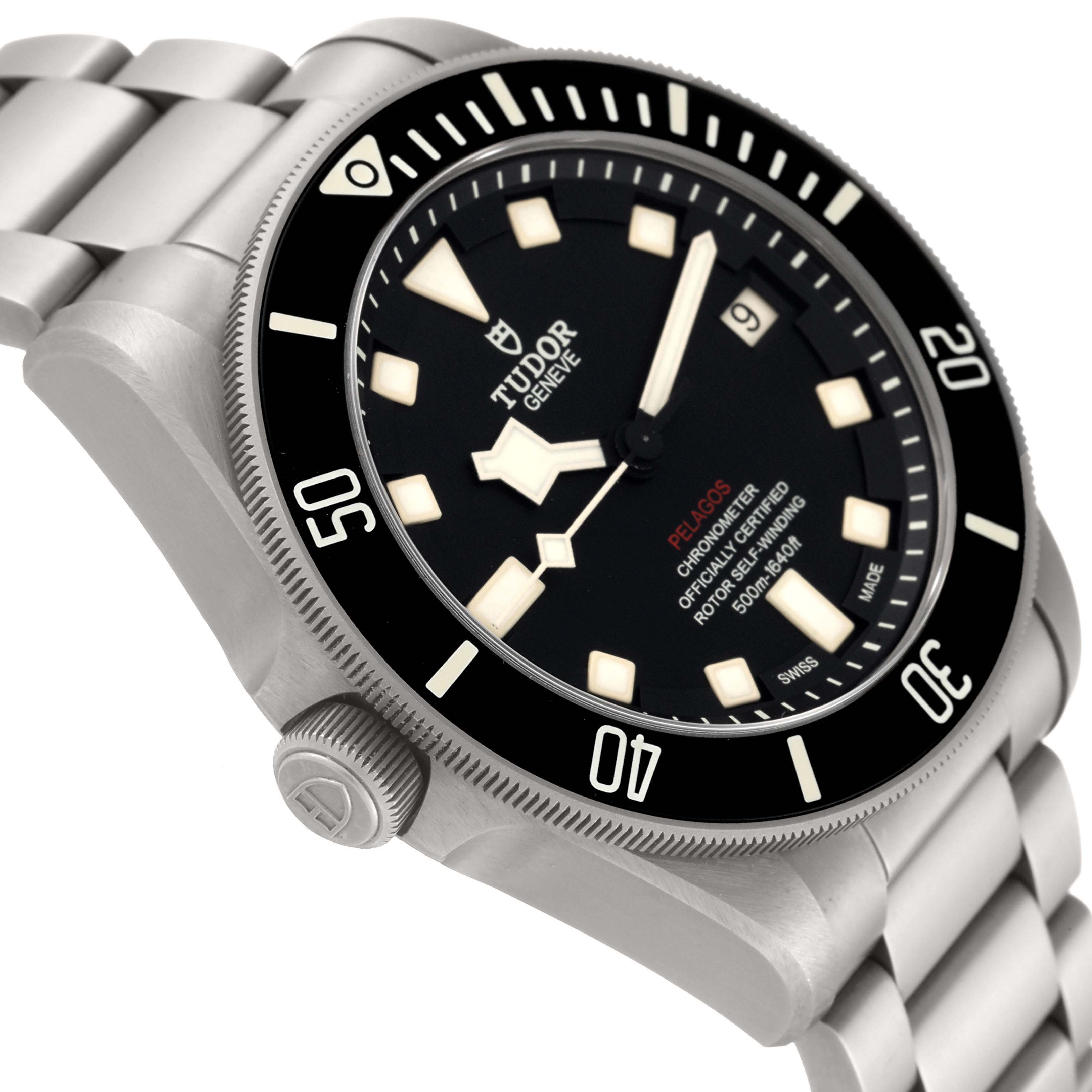 The image shows a Tudor Pelagos 25610TNL Men's Titanium Black Dial 25610TNL Men's Titanium Black Dial watch at a slightly angled side view, highlighting the dial, bezel, crown, and bracelet.